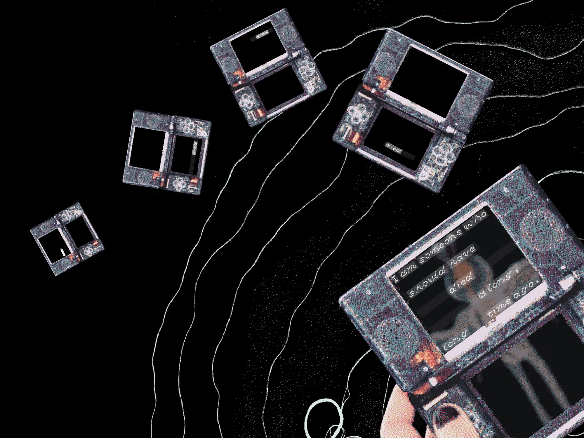 Dithered scans of Nintendo DS consoles are formed in a spiral with text reading "I am someone who should have died a long, long time ago." on the screen of the DS in the foreground.