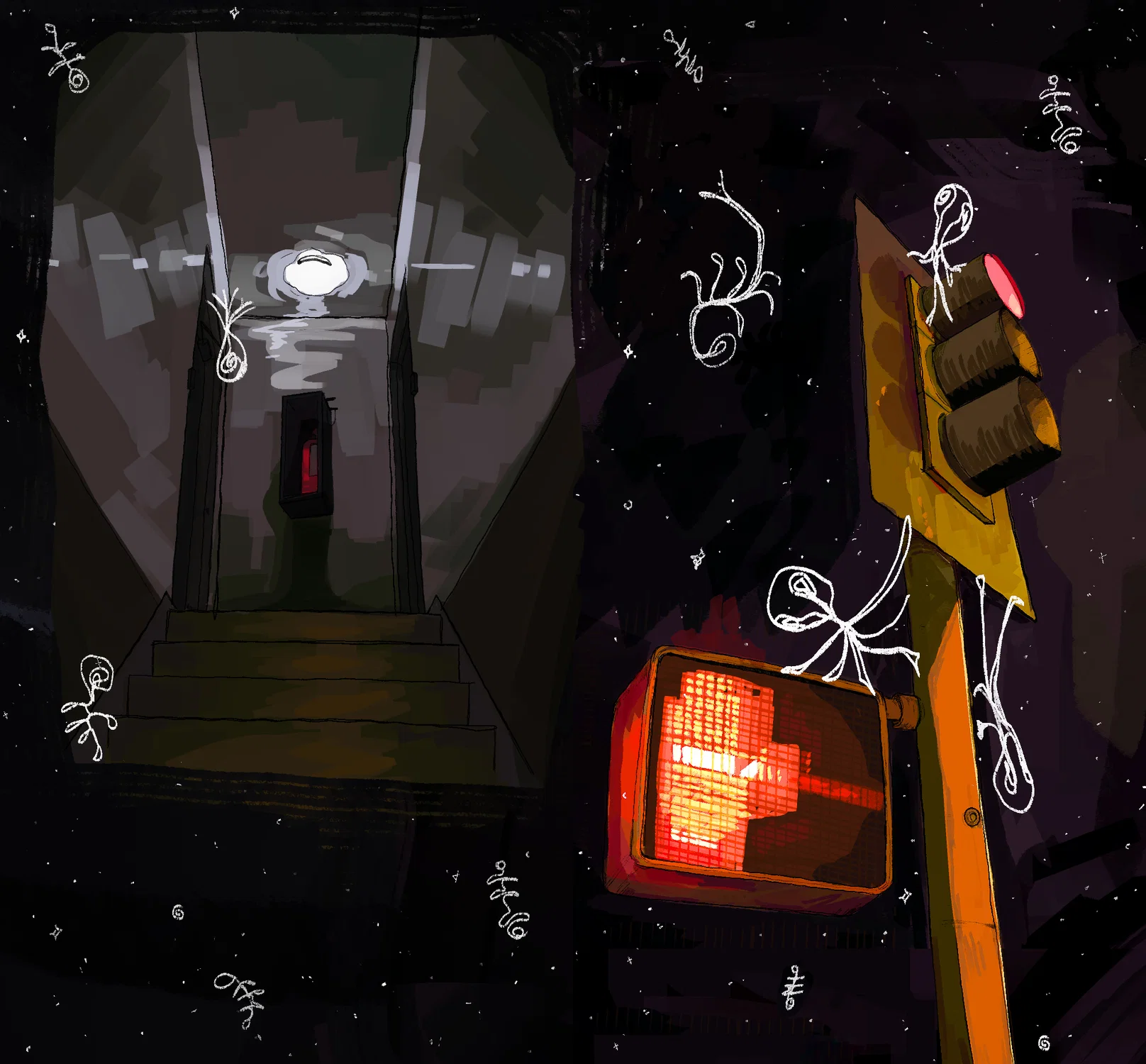 A set of digital paintings depicting a hallway and street light at night with doodled creatures floating about the scene
