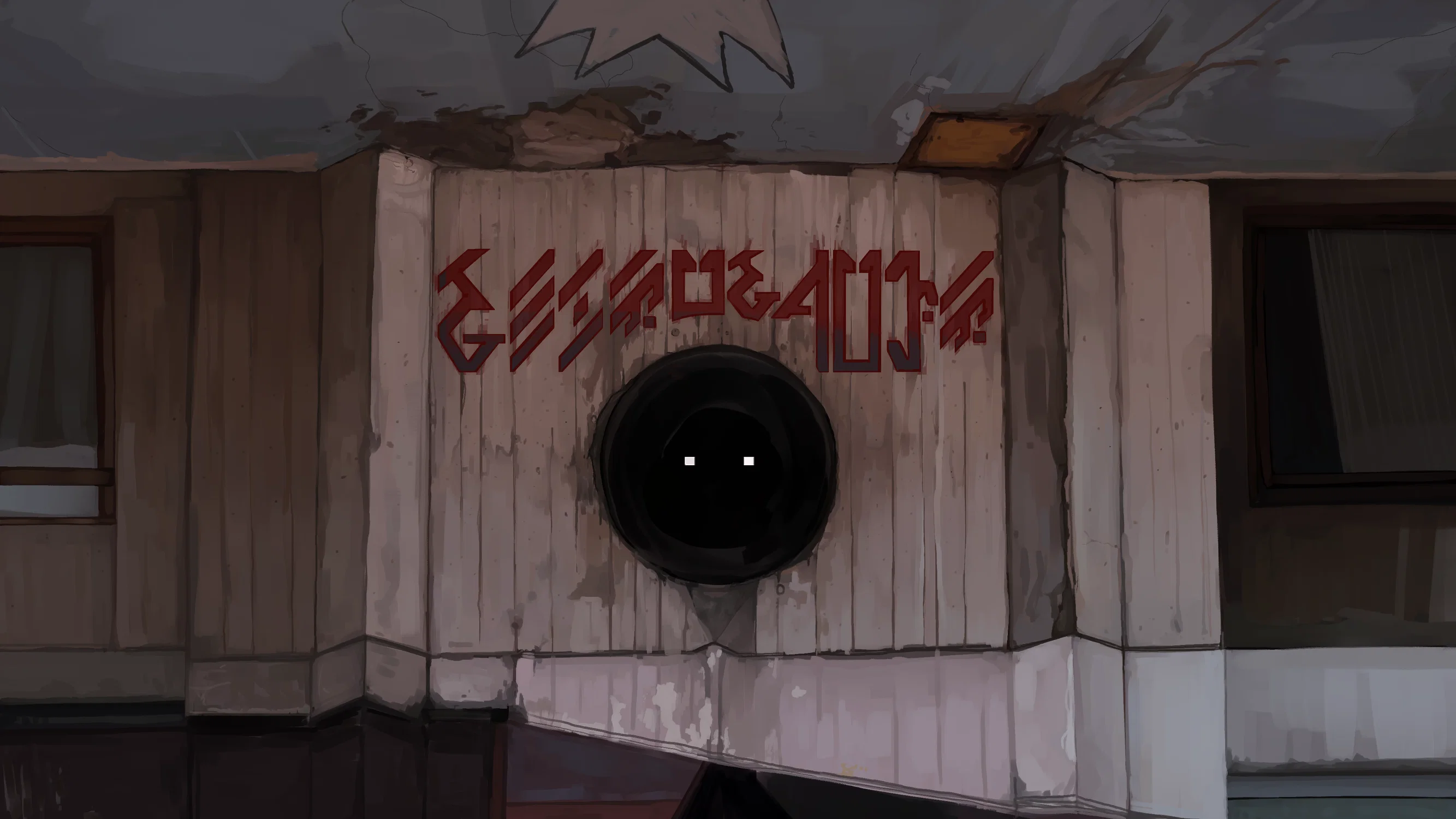 A digital painting of a wall with alien grafitti above a hole which has eyes inside of it.