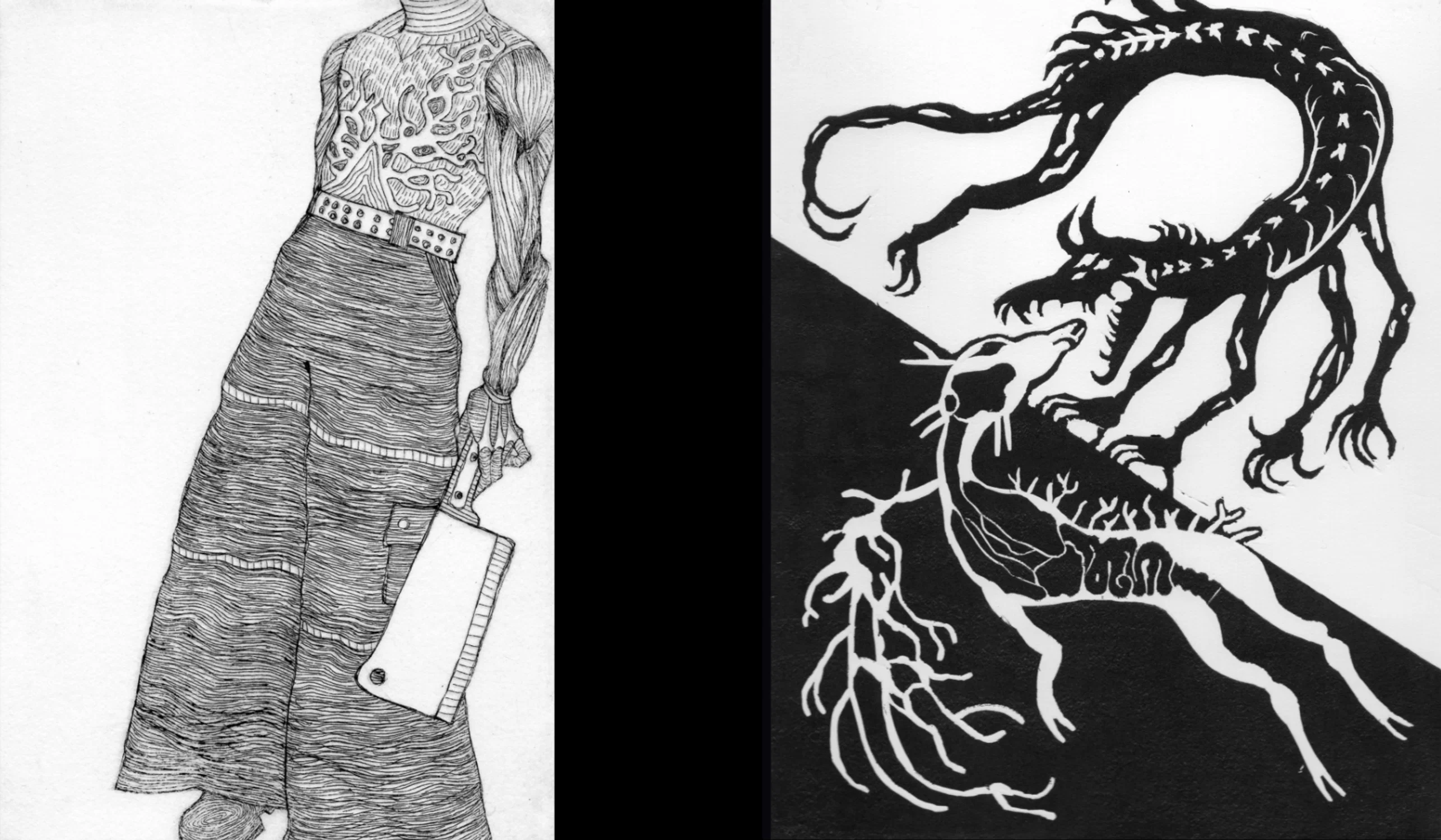 A copper etching print of a man with a machete on the left and a linocut of two monster dogs in an s-shaped composition
