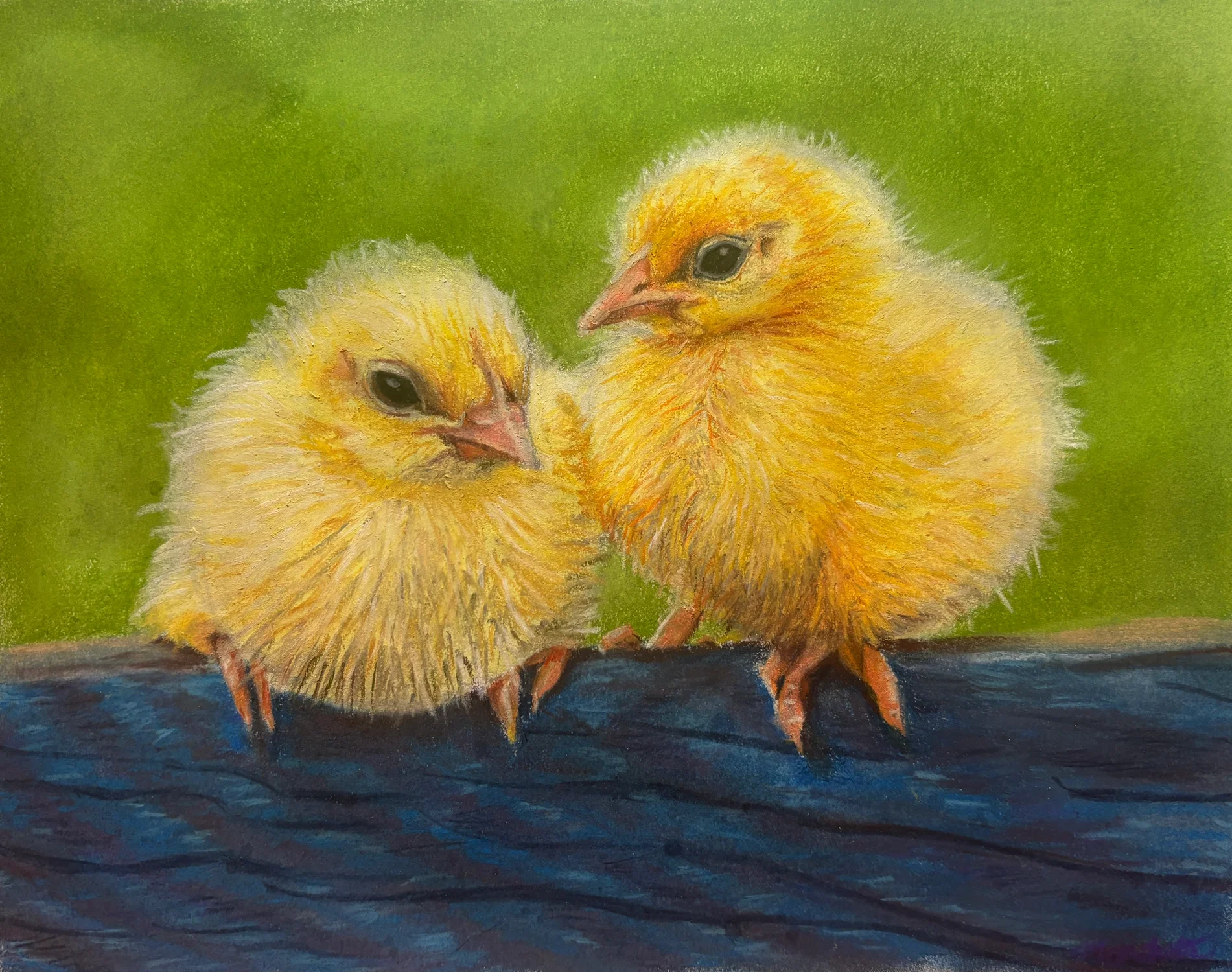 A chalk pastel drawing of baby chickens.