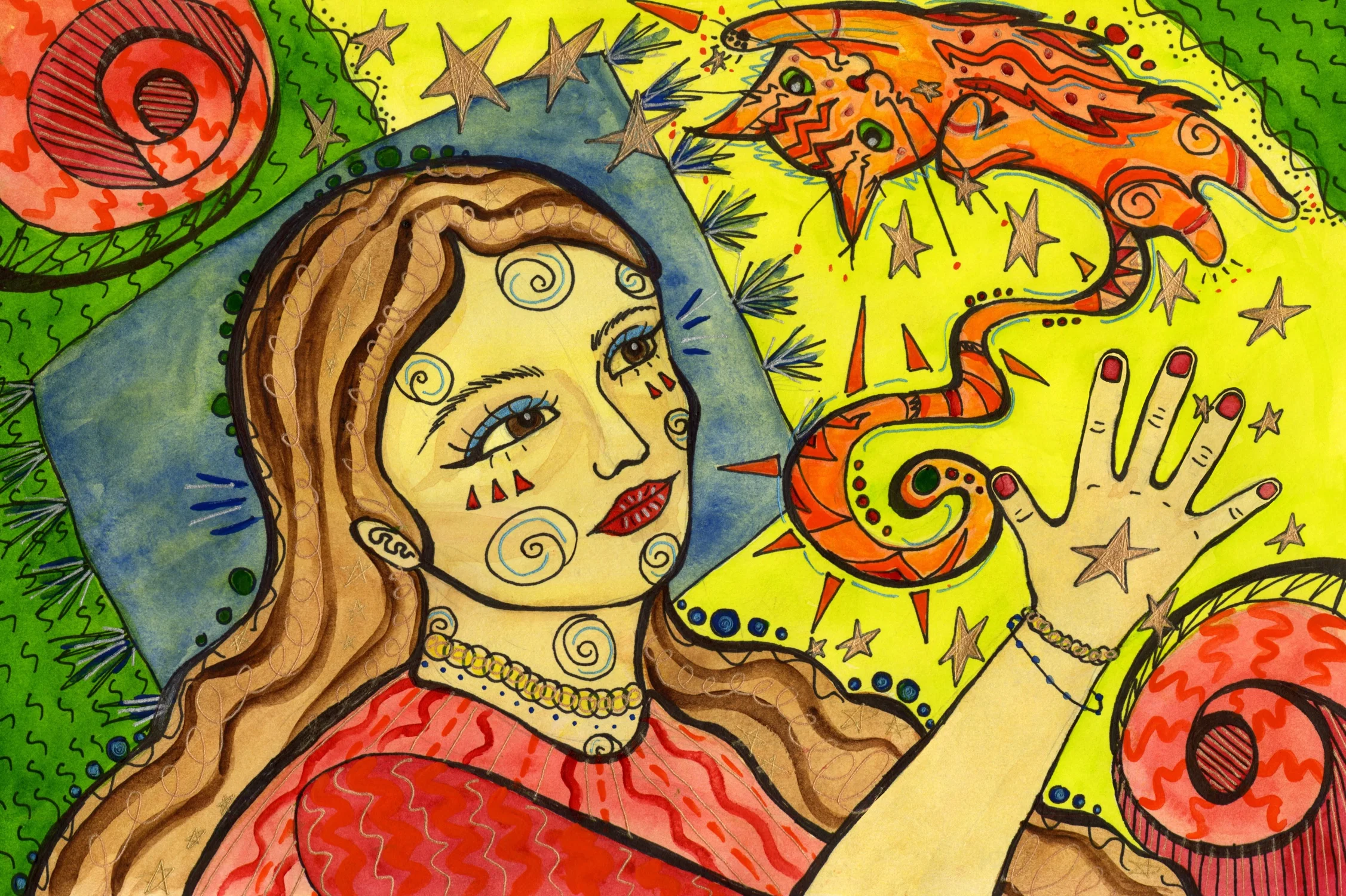A whimsical watercolor and pen painting of a woman and her cat.