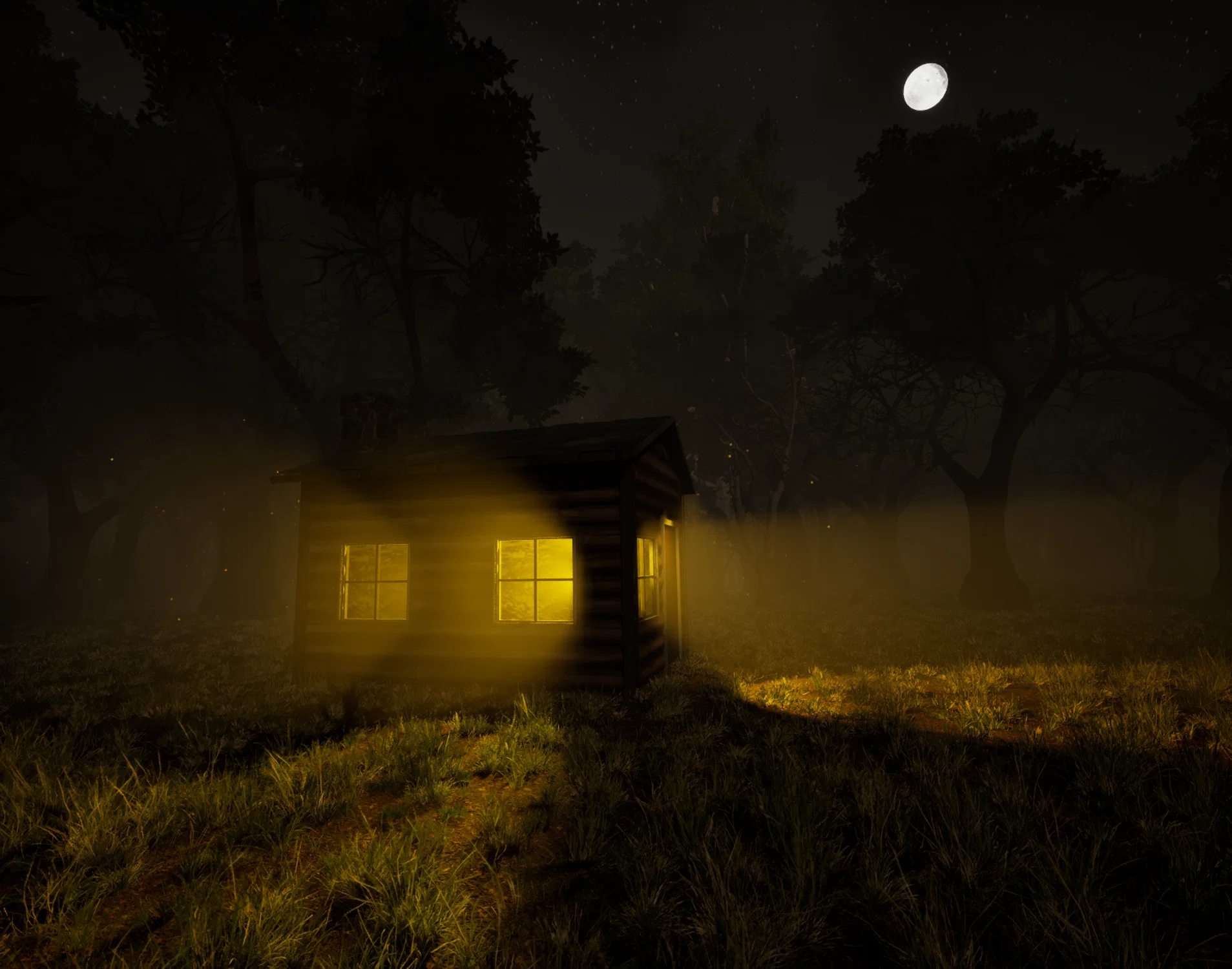 creepy cabin in the woods under the moonlight