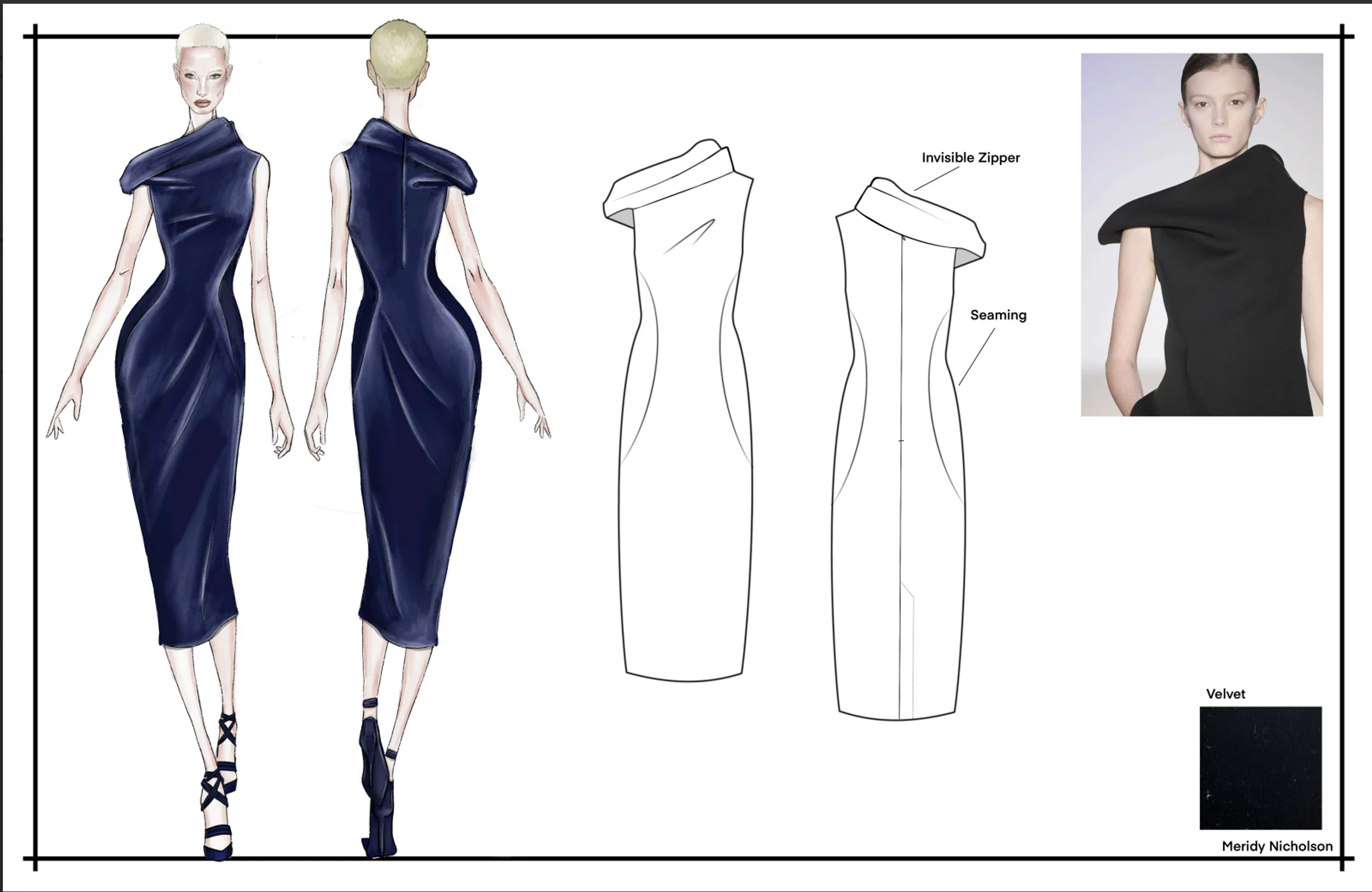 Stretch velvet dress with a structural top sewn for Activision.