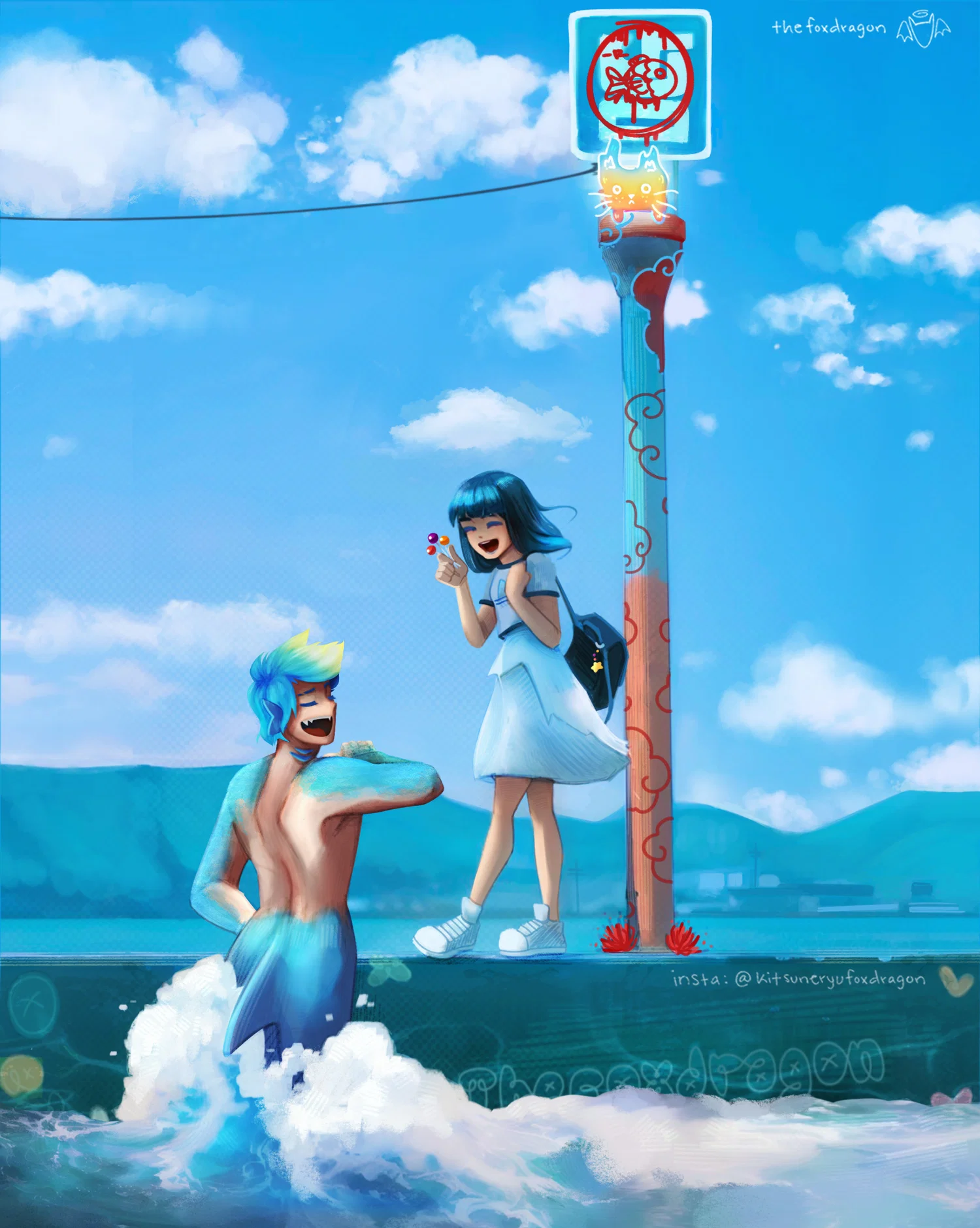 A blue shark merman is hanging out with a human at a harbor.