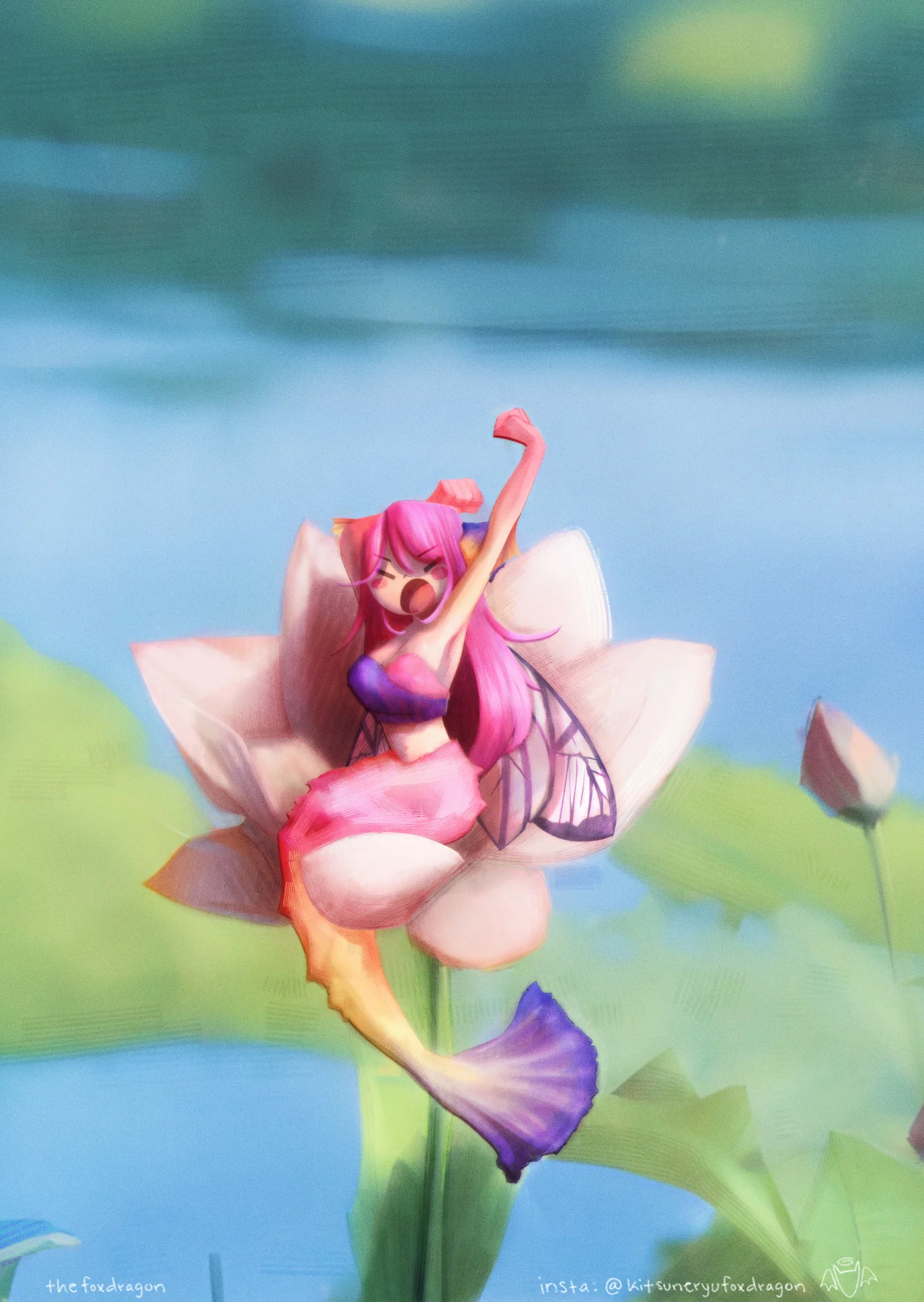 A merfairy based on the wrasse fish is yawning in a tough lily.