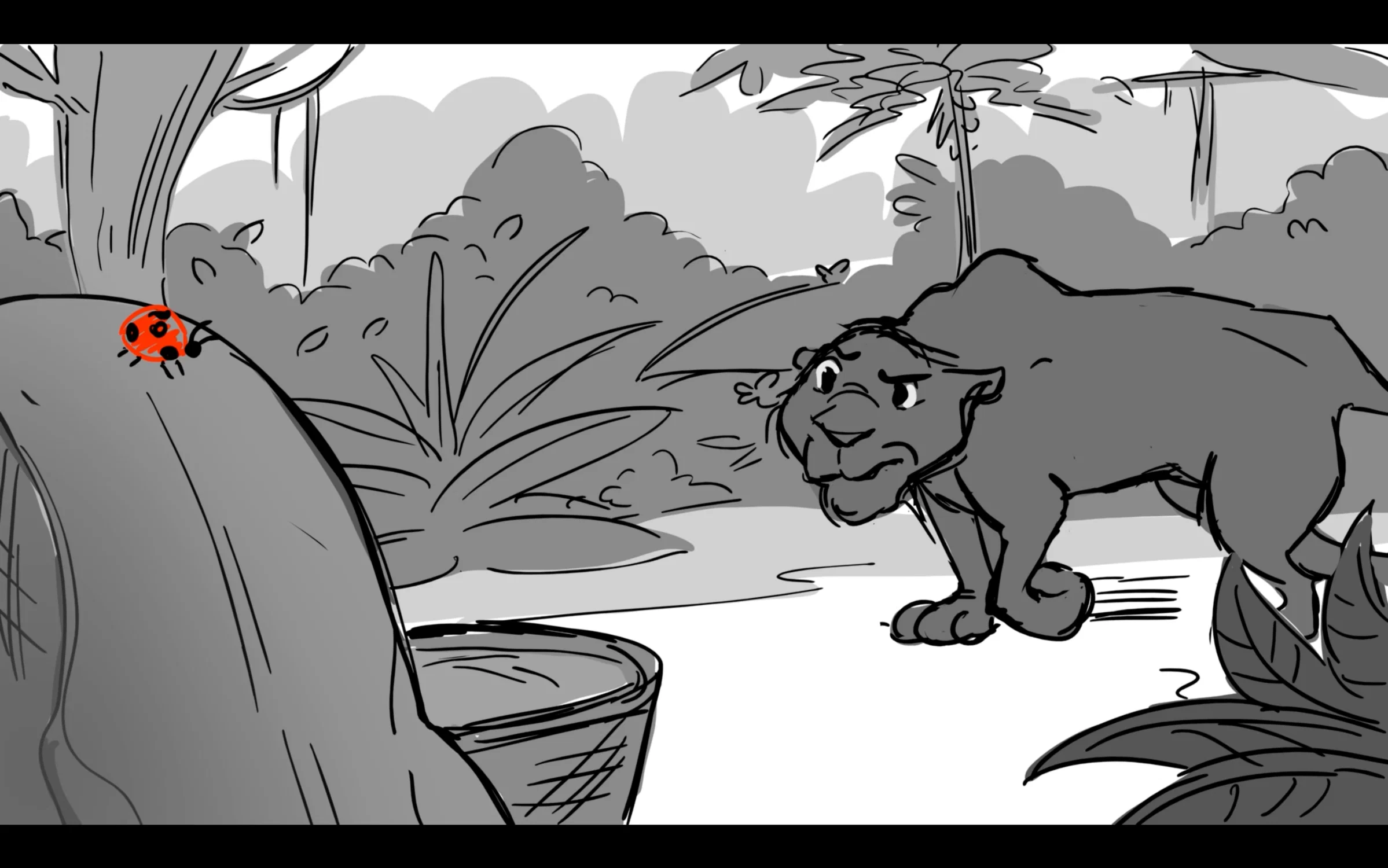 In a quiet jungle during the early morning, Bagheera, a black jaguar, approaches a small woven basket on the ground. Hearing the cry of a baby, he moves forward with cautious curiosity, focused on the unfamiliar sound coming from inside.