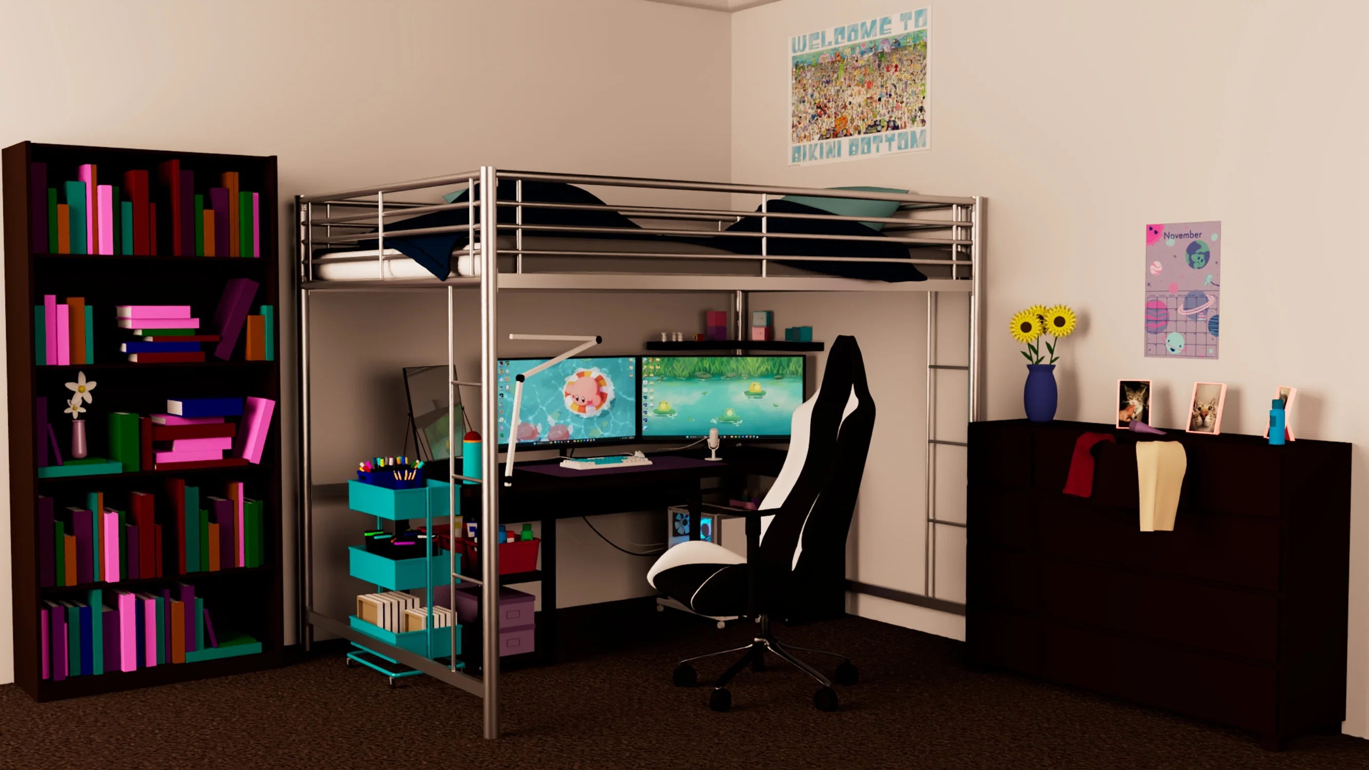 A 3D model of the corner of a room. The room has a loft bed and a desk with a pc on it.