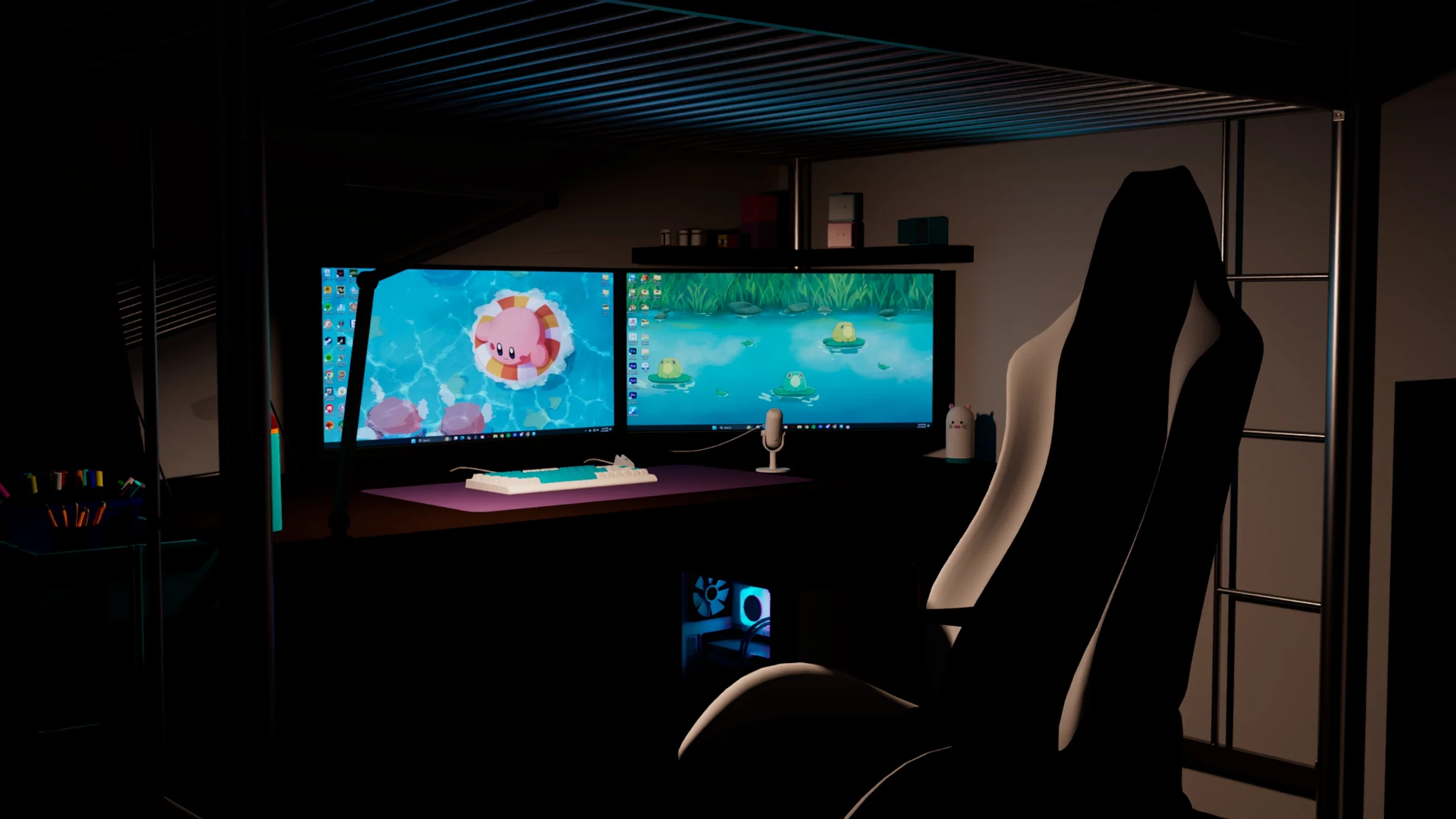 A 3D model of the corner of a room. The room has a loft bed and a desk with a pc on it. The room is dark being lit only from the computer screens and pc lights.