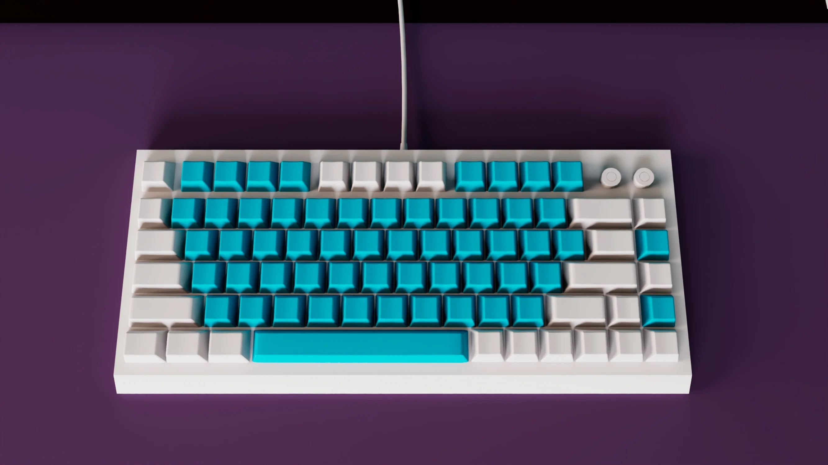 Close up of a small keyboard with blue and white keys.