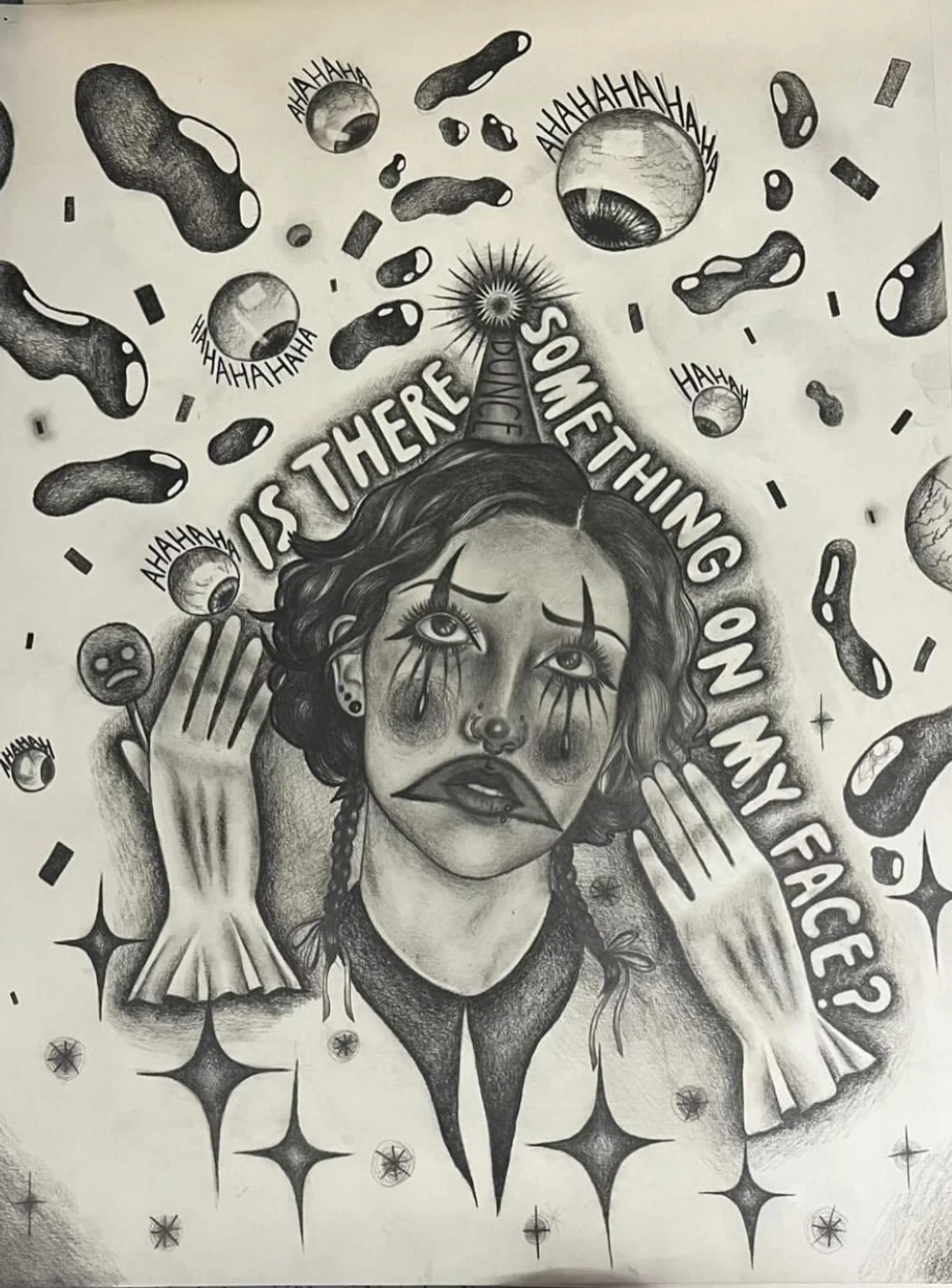 The image shows a self-portrait of the artist in clown makeup and a dunce hat. Two gloved hands are positioned around the face,  with the right one holding a paleta payaso. White text surrounds the artist that says "Is there something on my face?". In the backround are shiny organic shapes, confetti, and stars. There are also large eyes surrounding the artist with text that says variations of "haha".