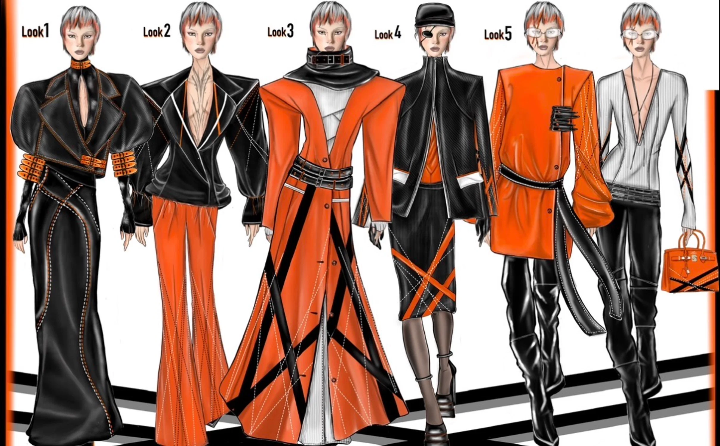 collection inspired by art, featuring bold lines, strong contrast, and structured silhouettes in an orange, black, and white palette.