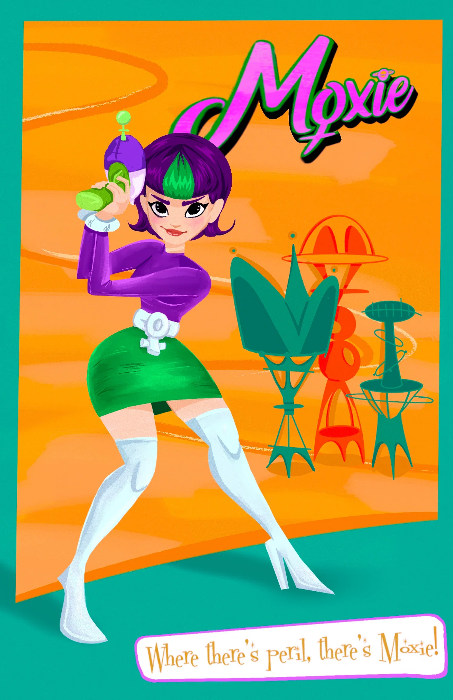 Midcentury modern-style poster of a space ranger. orange and blue color palette