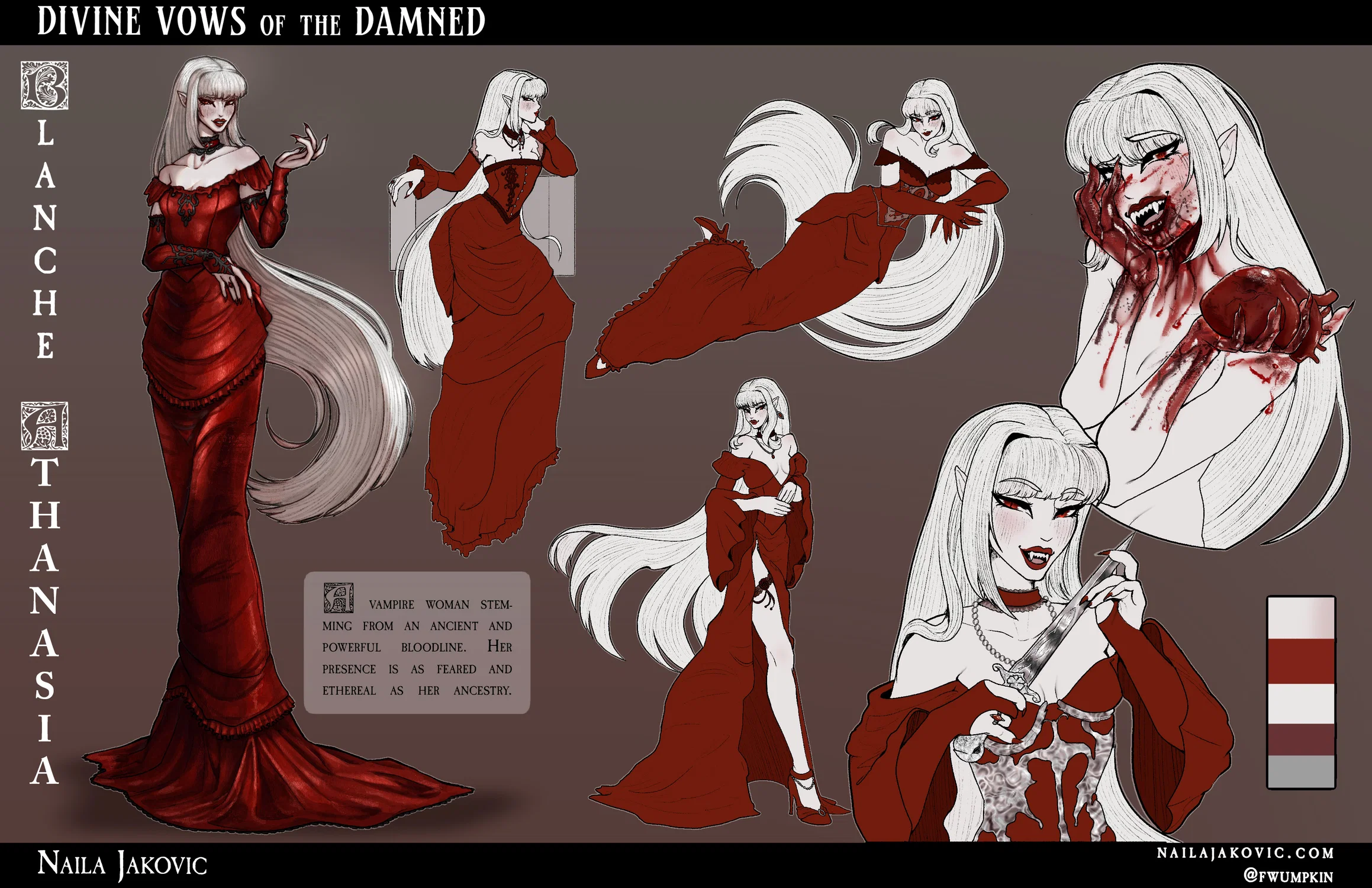 A reference sheet for a tall, long haired vampire woman with primarily white colors and red dresses named Blanche Athanasia