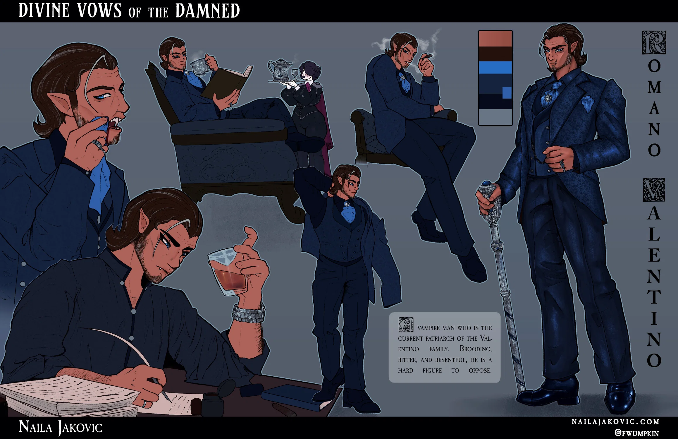 A reference sheet for a tall, aged, patriarchal vampire man with primarily blue colors named Romano Valentino.