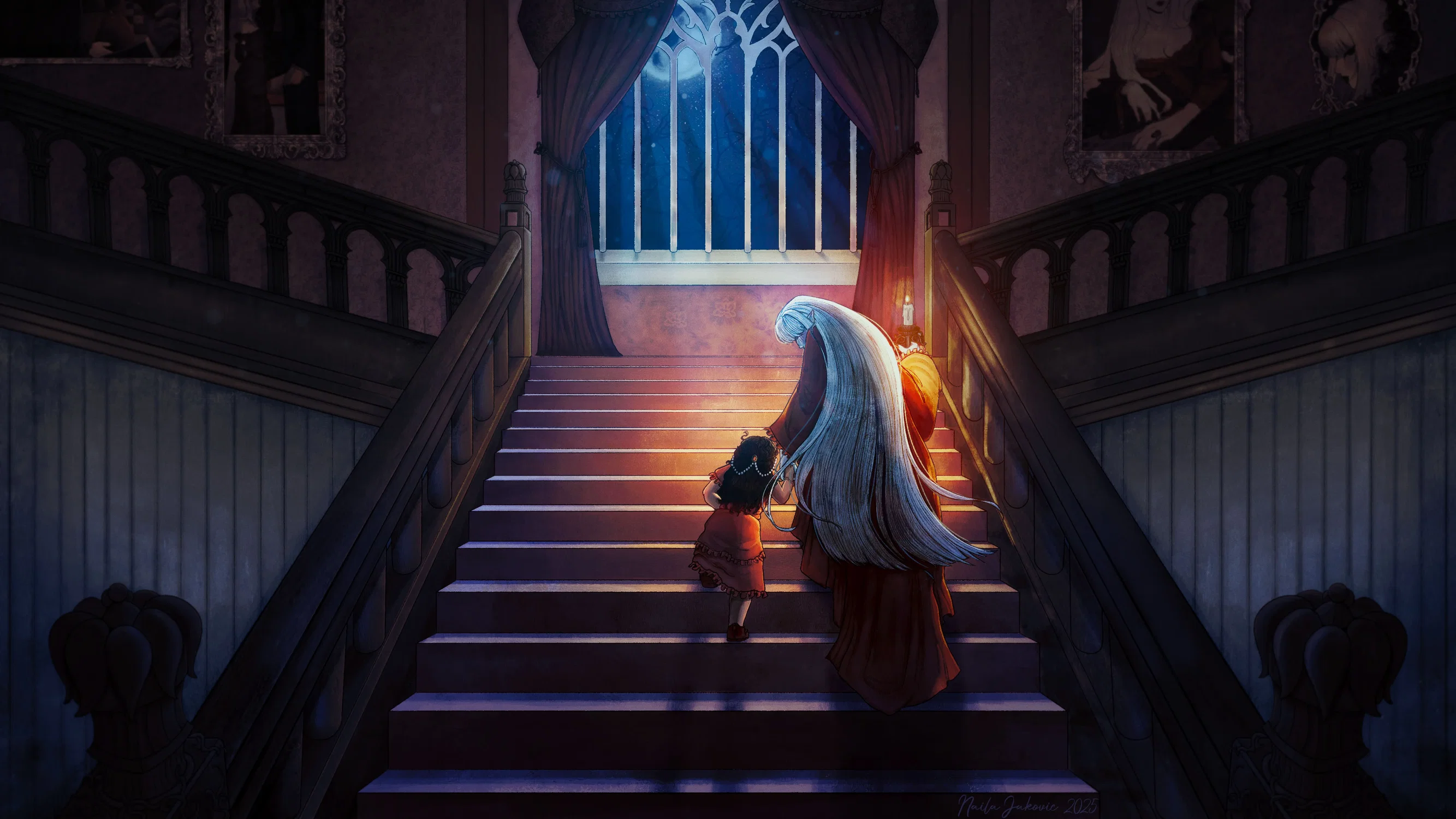 An illustration of a vampire mother walking her daughter up a royal staircase while holding a candle, illuminated by the moon through the window.