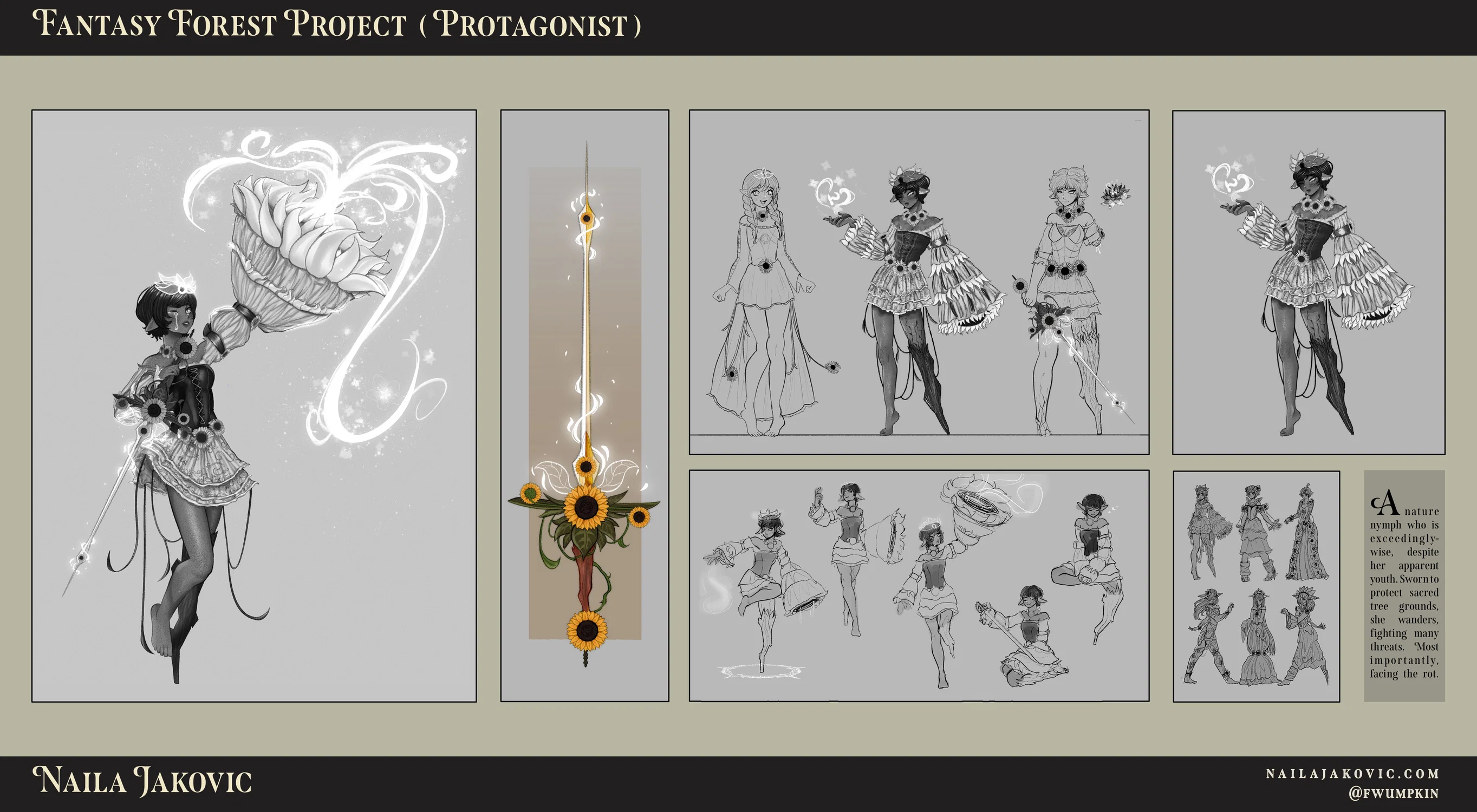 A character design sheet of a fantasy, sunflower-themed nymph woman with short hair and a magical sunflower sword.