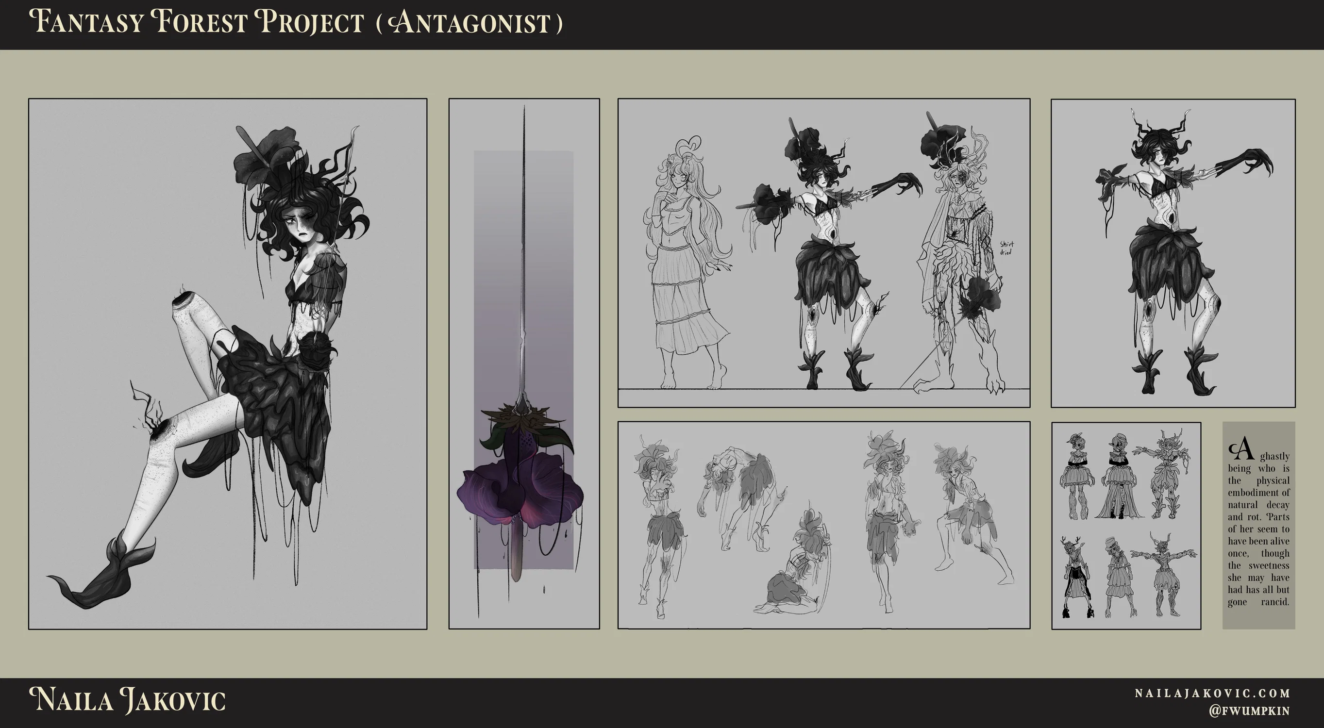 A character design sheet of a fantasy, rot-themed antagonist woman with elements of decay, a skeletal arm, a magical corpse flower sword.