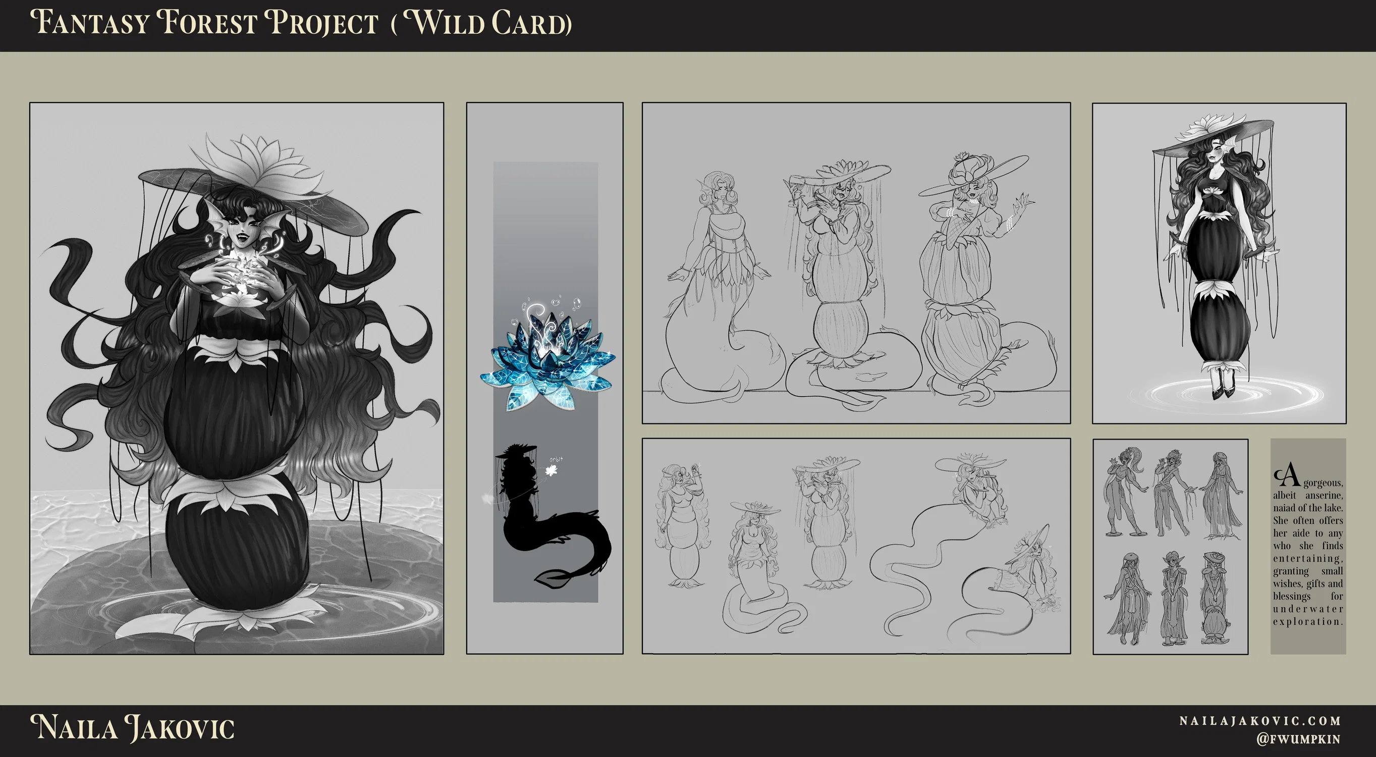 A character design sheet of a fantasy, giant naiad woman with a tadpole-like mermaid lower half, a large lily pad sunhat, and a magical lotus.