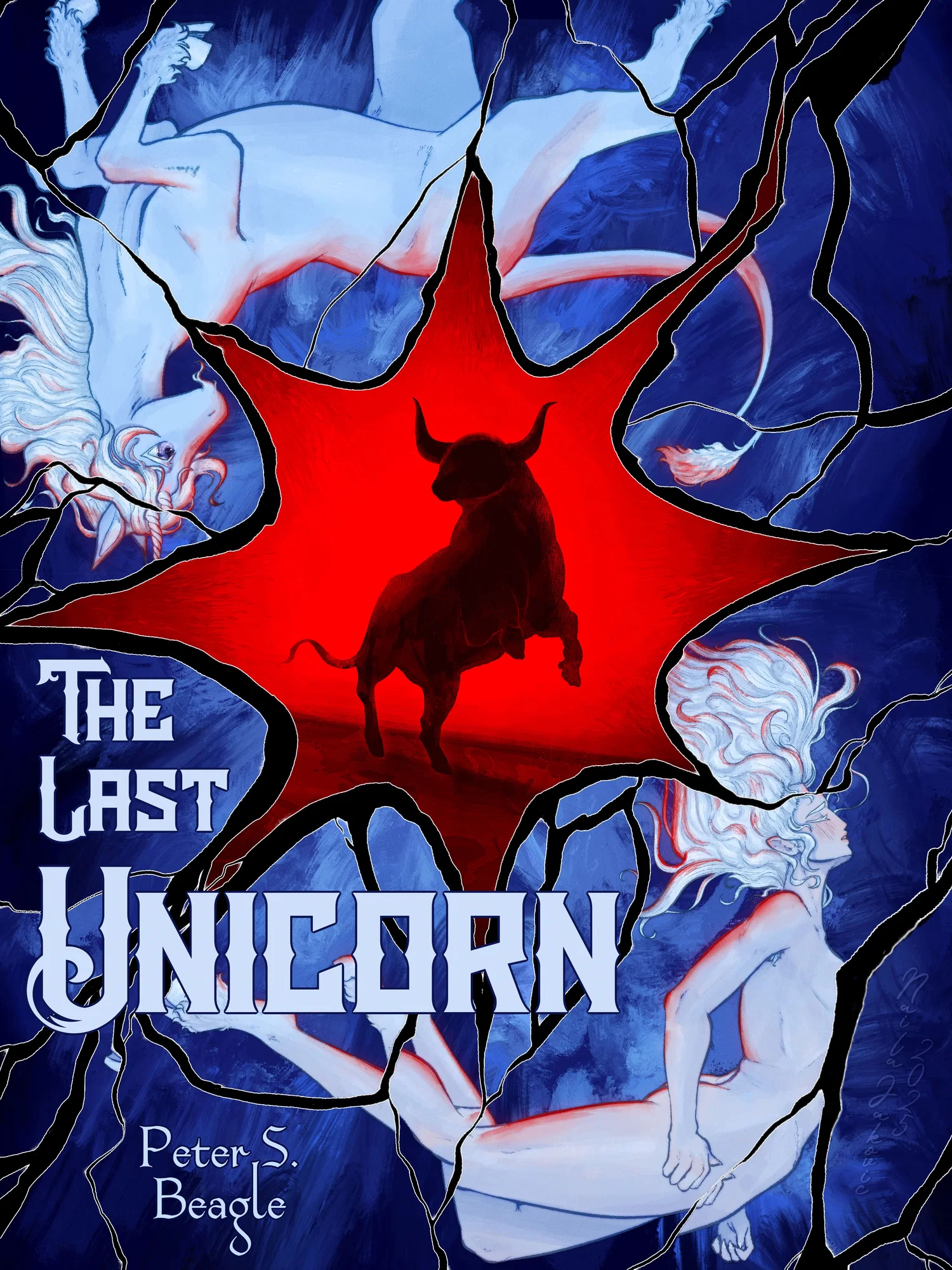 A book cover-style illustration for the novel The Last Unicorn by Peter S. Beagle with a unicorn, unicorn-humanoid woman, and a red bull.