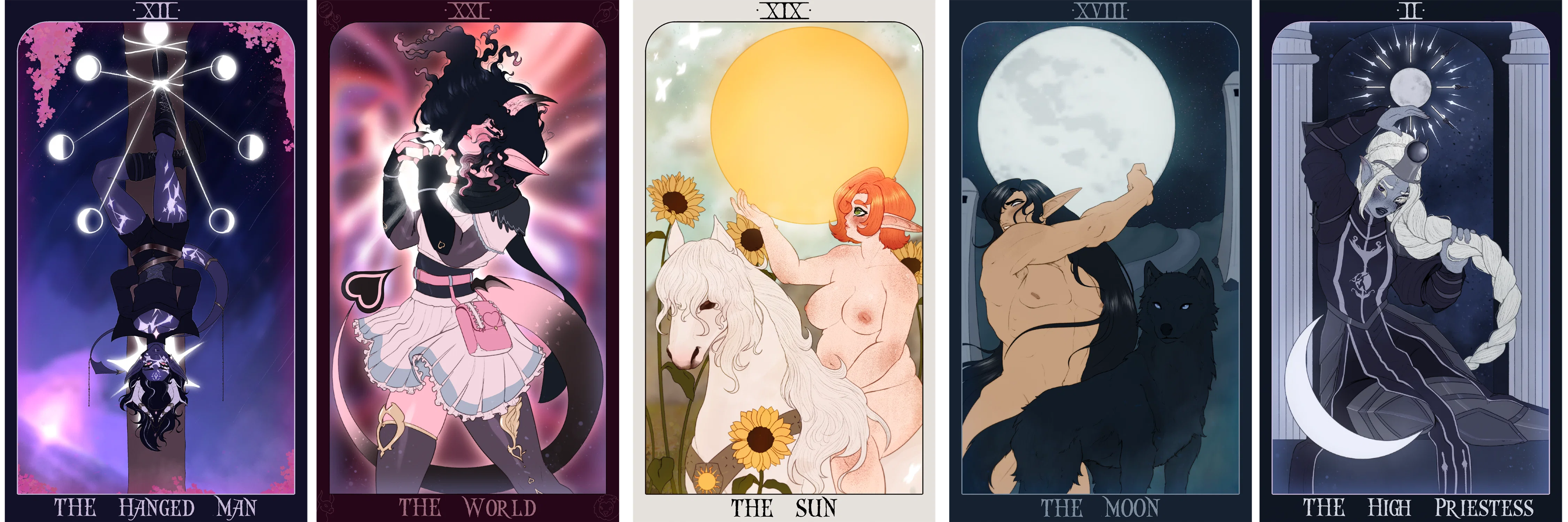 A collection of tarot cards of a variety of different fantasy species, mostly women, arranged together. In order: a purple tiefling woman as the hanged man, a pink succubus woman as the world, a ginger elf woman as the sun, a black haired elf man as the moon, a light blue-purple drow woman as the high priestess.