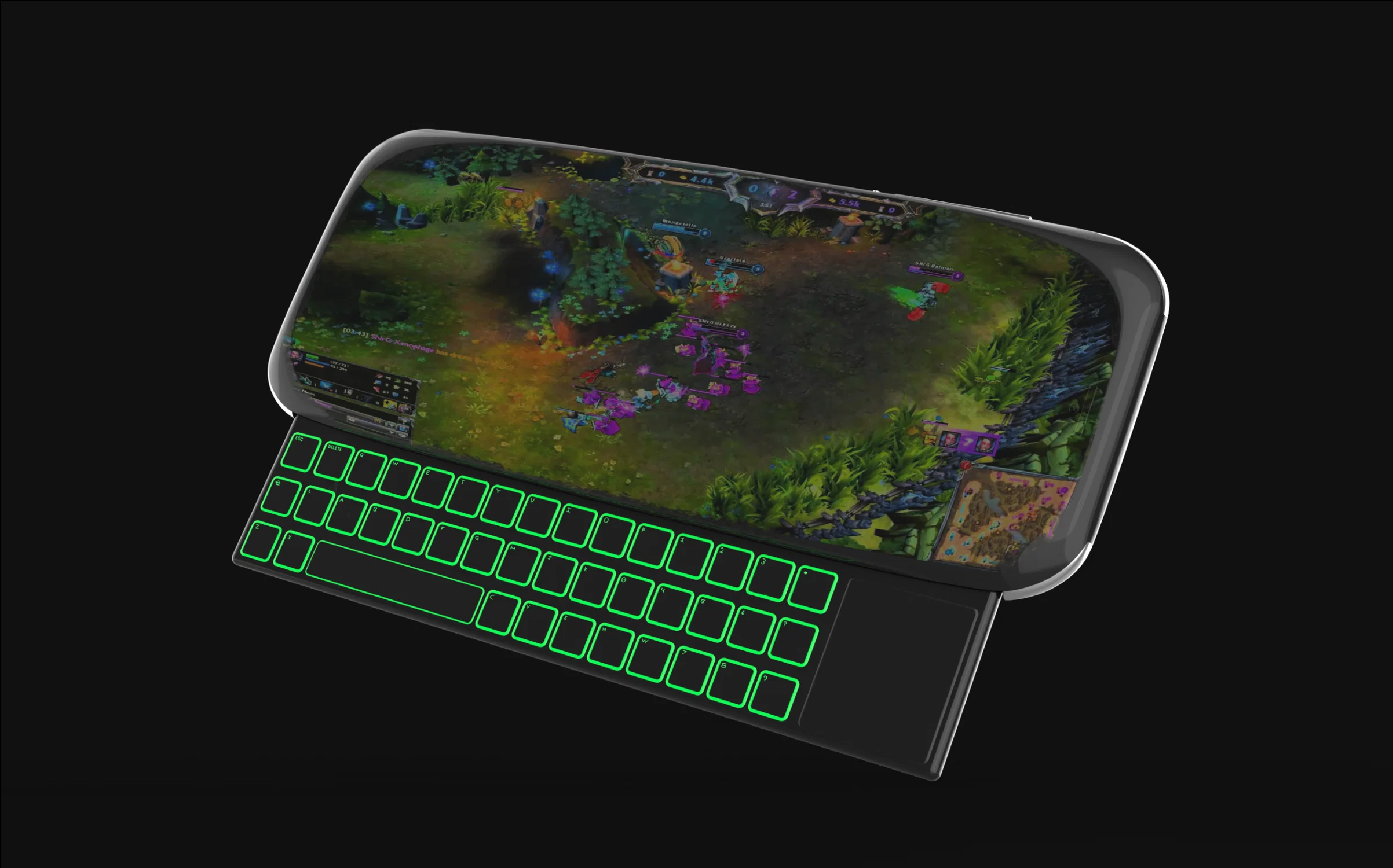 A gaming phone concept for Razer designed to bring PC gaming on the go. The device prioritizes screen space while integrating a keyboard for PC style game controls and a trackpad for greater precision, giving users the flexibility to play through both tactile inputs and the touchscreen.