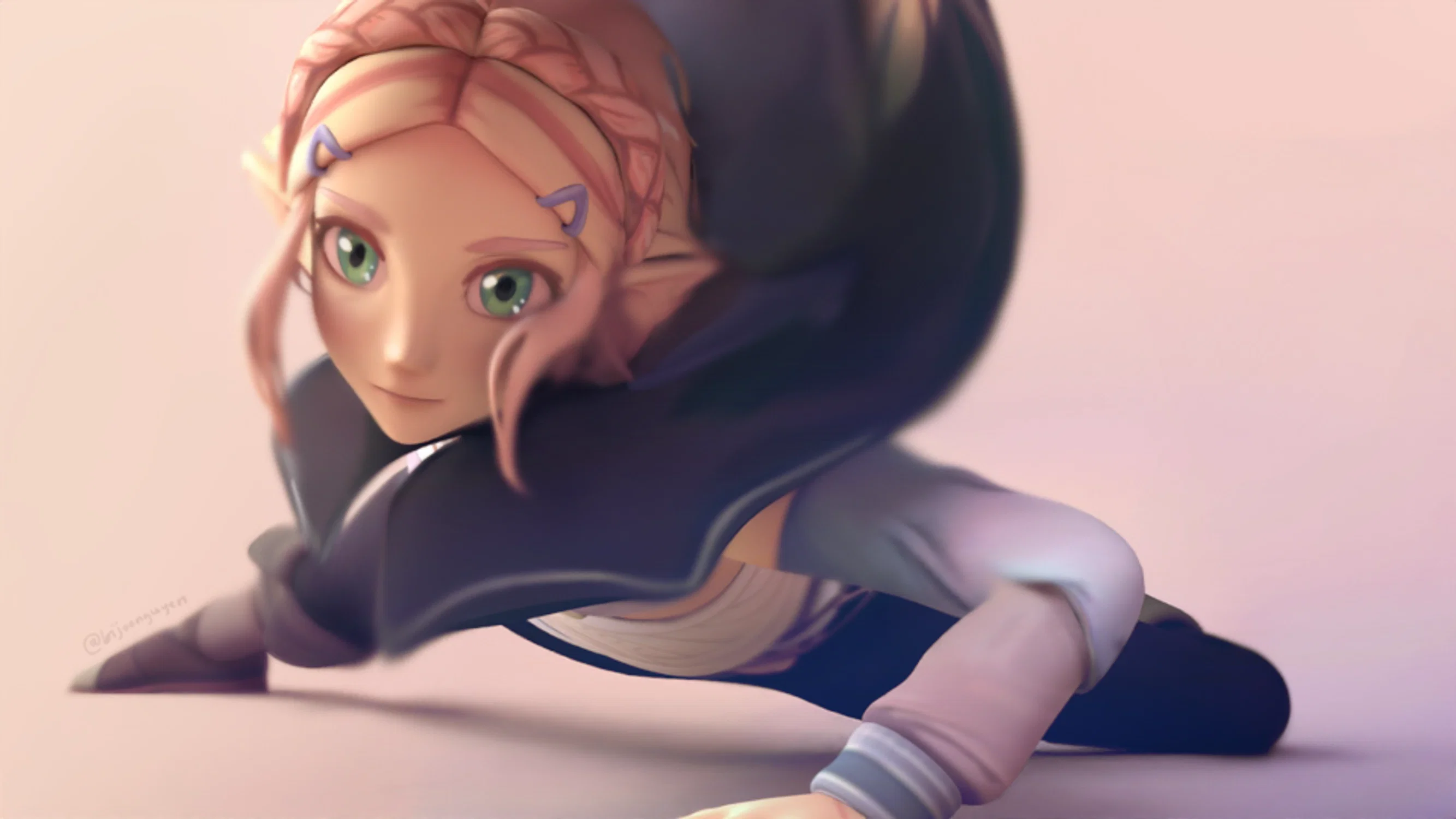 A screenshot from my animation, it was about character's turning with her long coat flowing dynamically to highlight momentum and movement. The character's stance and the cloth simulation's dynamic movement as it follows her during the turn are the main subjects of the moment.