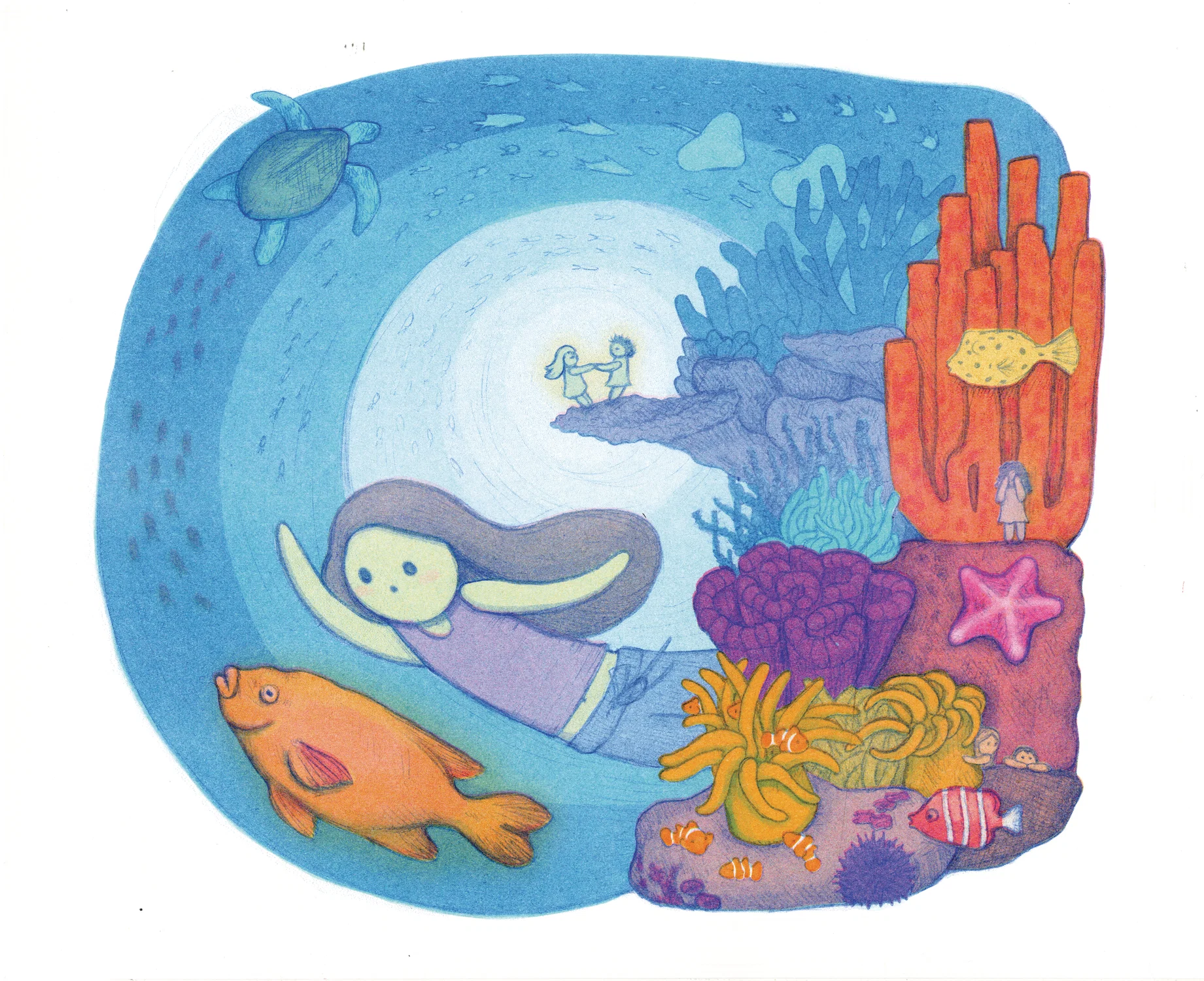 Colorful Riso-printed coral reef scene with a character swimming through