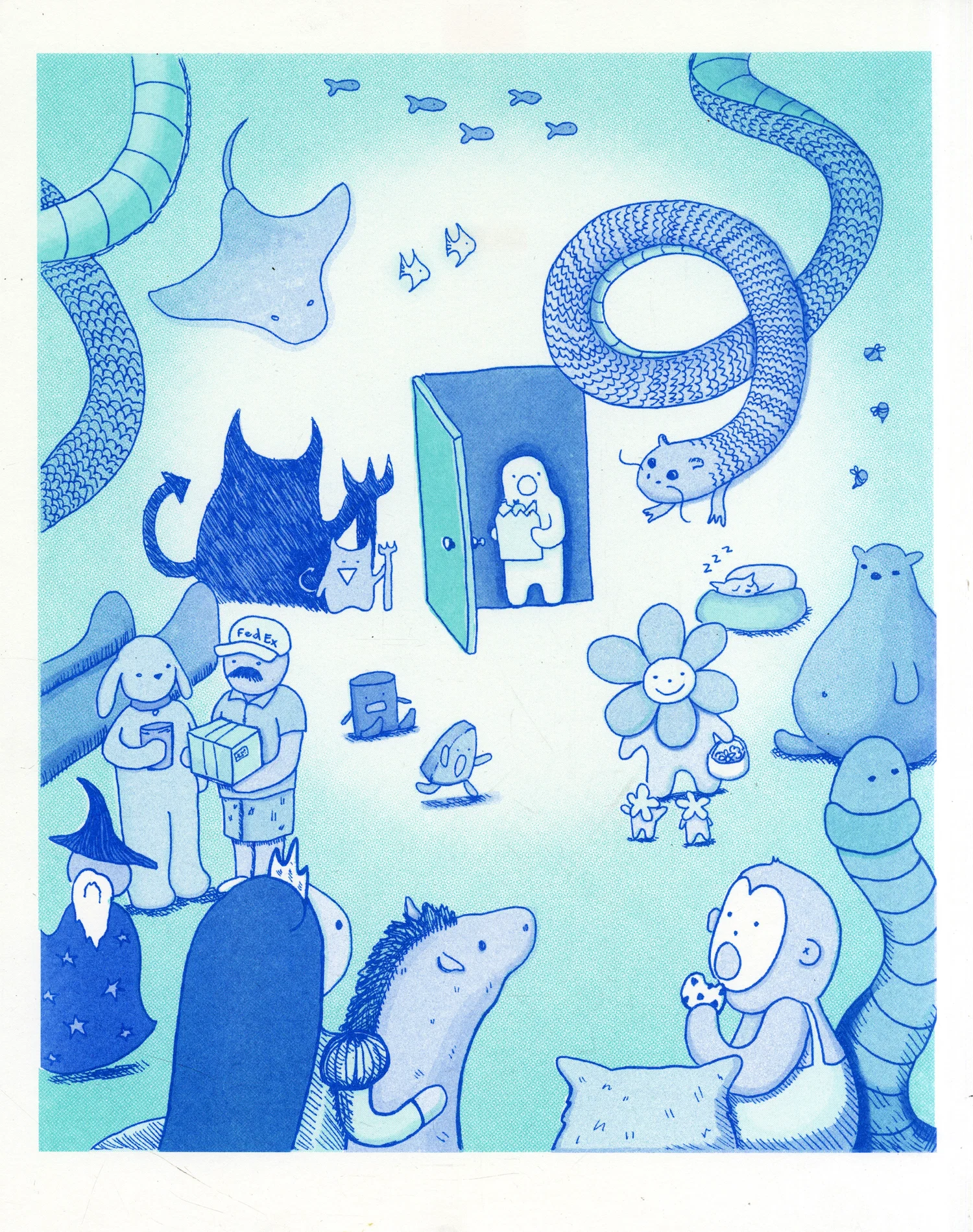 Mint and blue Riso print depicting a group of characters in a floating space