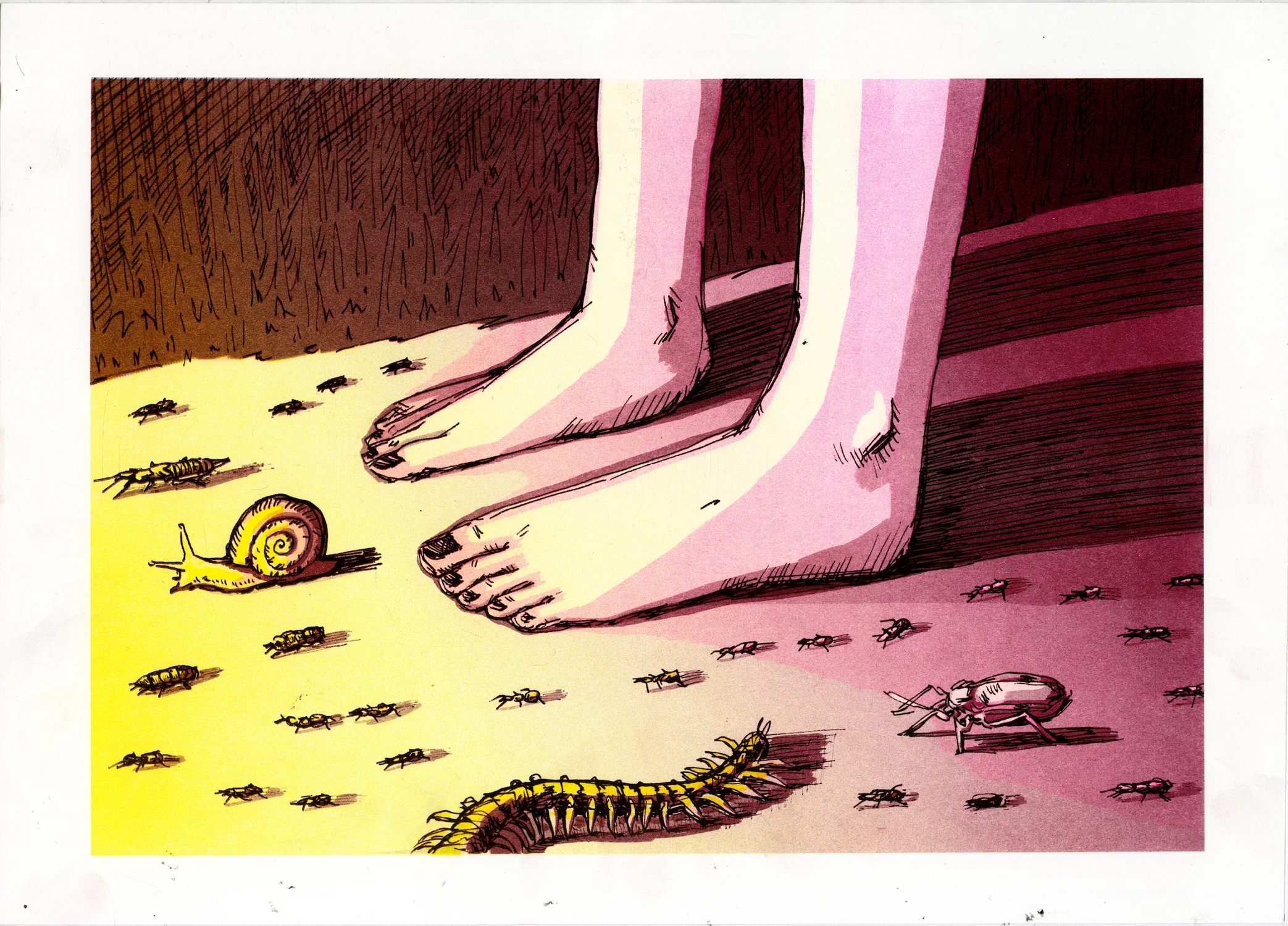 Burgundy and yellow Riso print depicting feet walking amongst many bugs