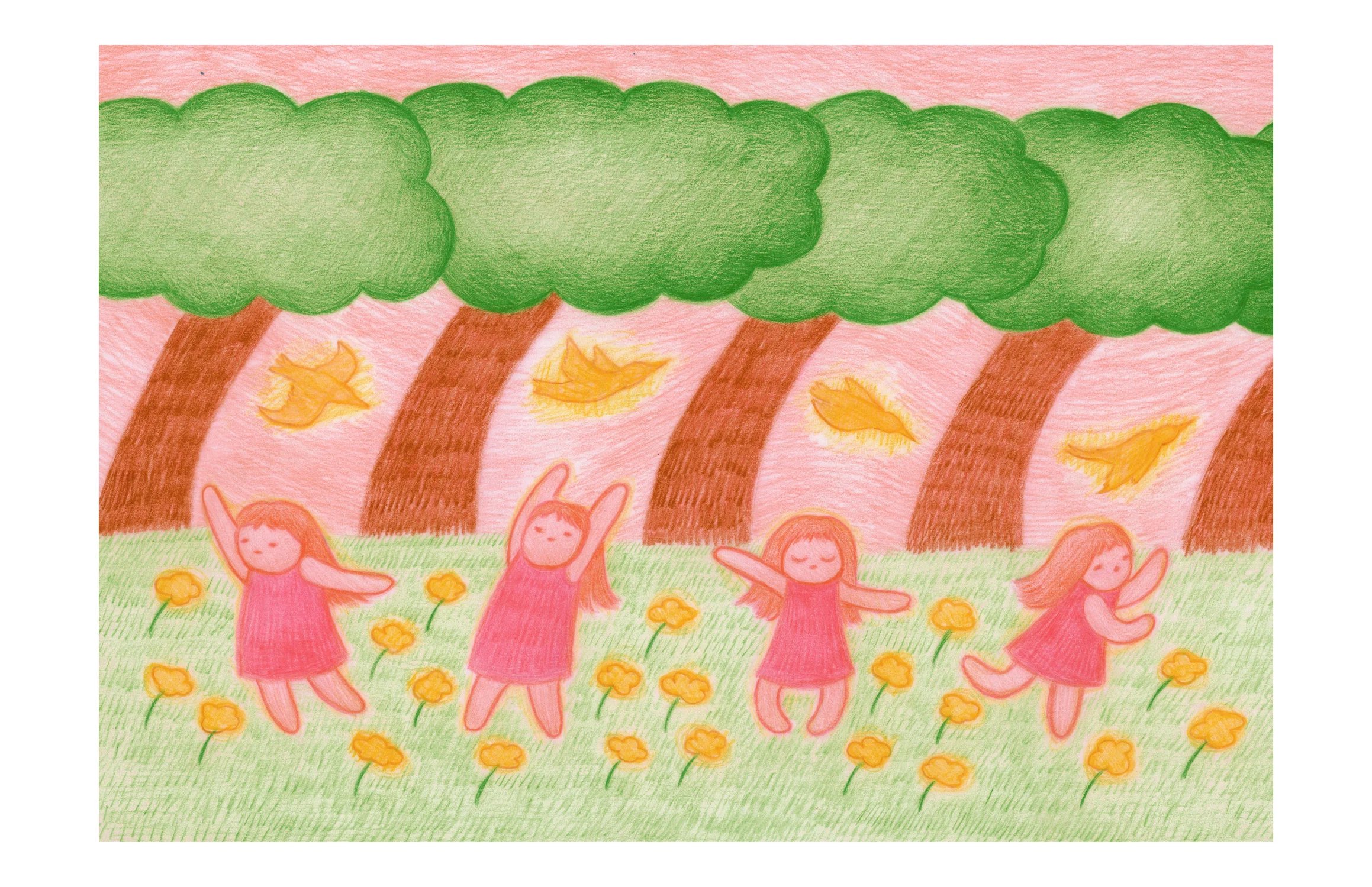 Colored pencil illustration of four girls dancing amongst trees, flowers, and grass
