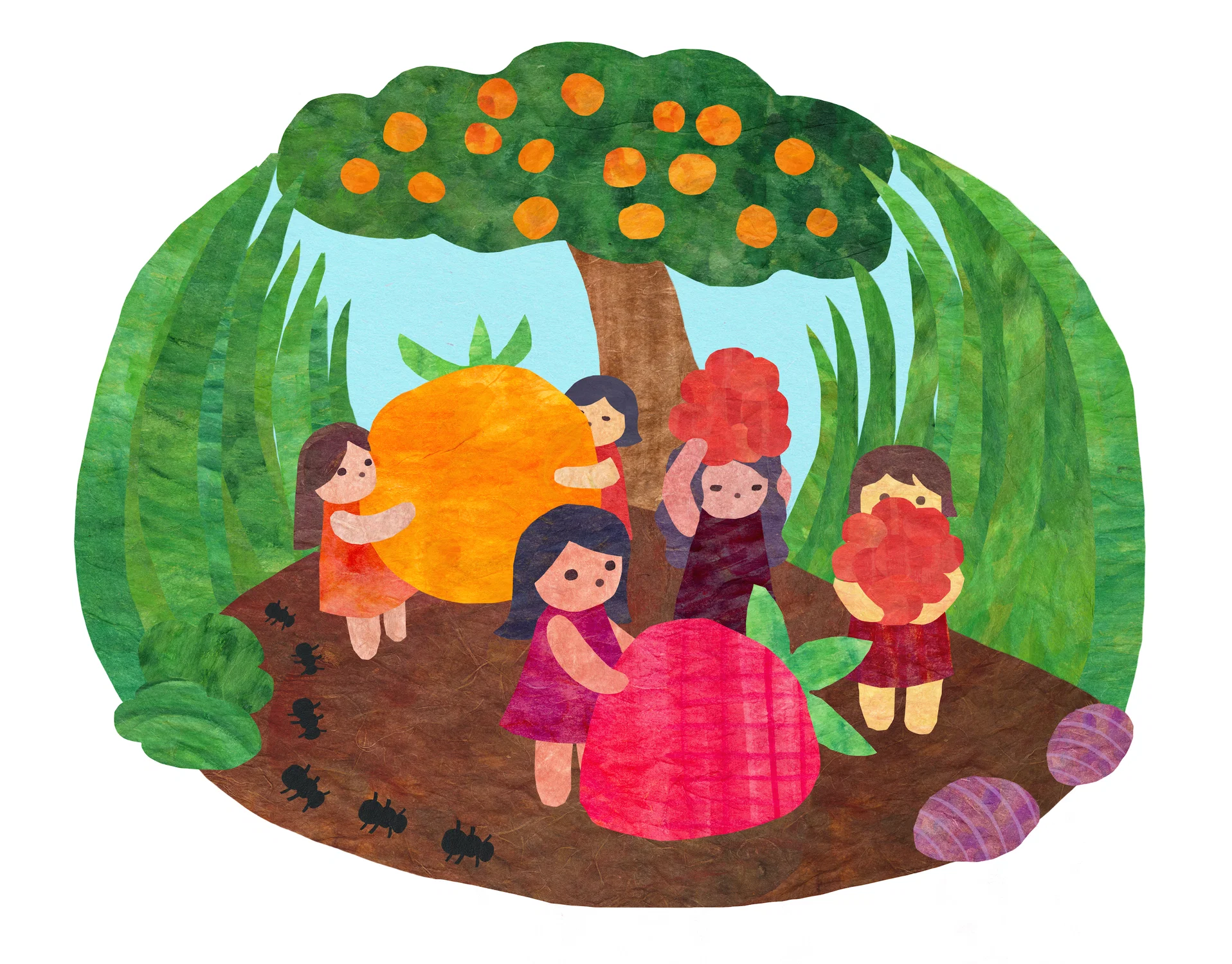 Watercolor paper cut to form a scene depicting grass and girls carrying fruit