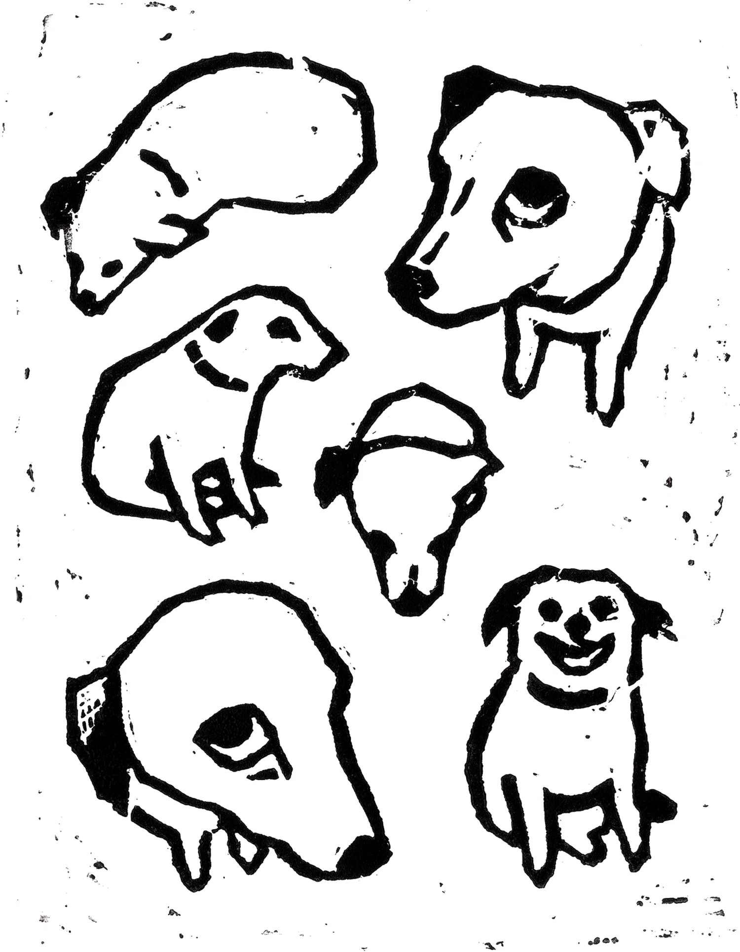 Lino print depicting six cut outs of a dog