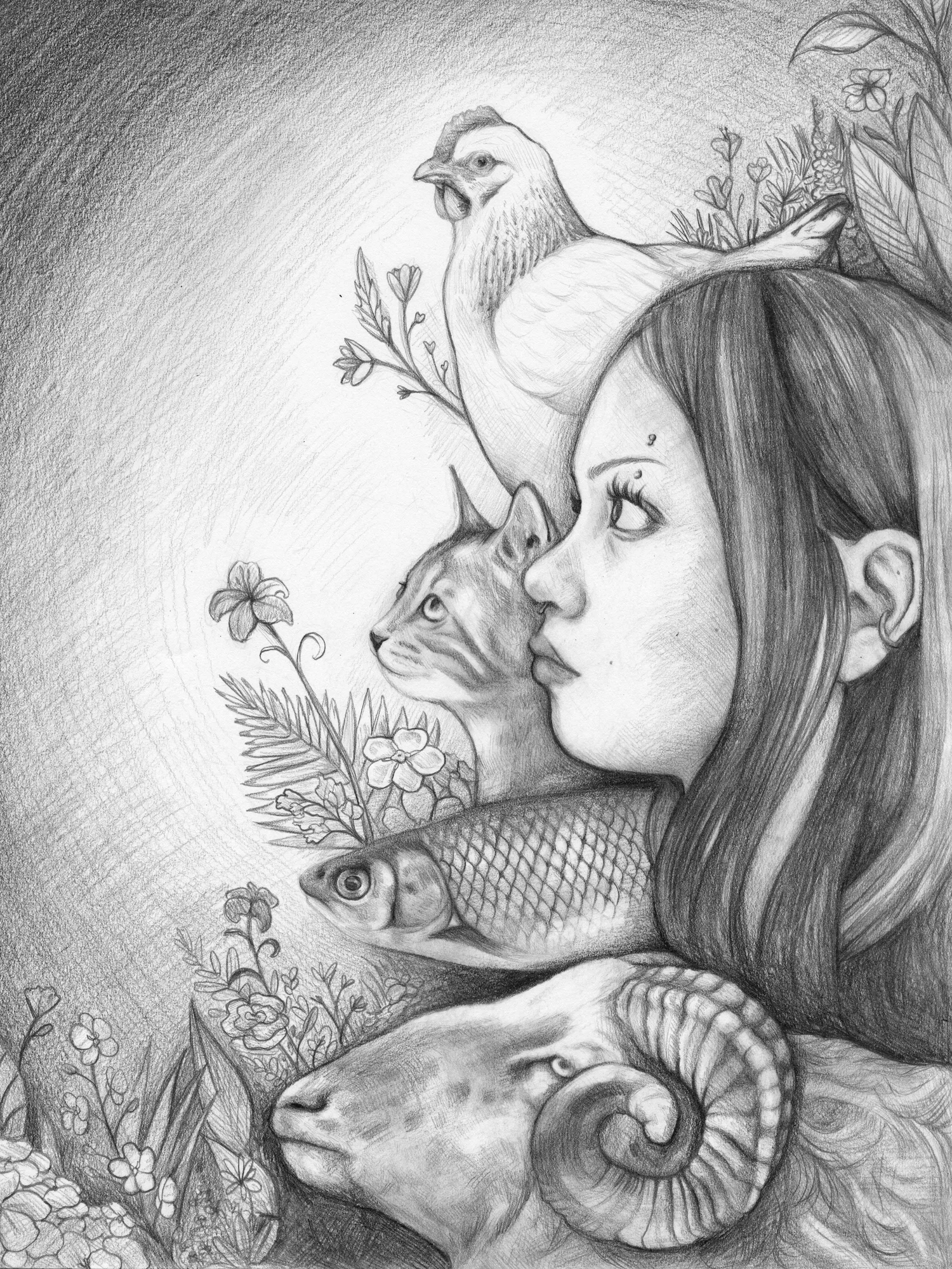 Illusionary portrait of a side profile of a girl alongside a ram, cat, chicken, and fish