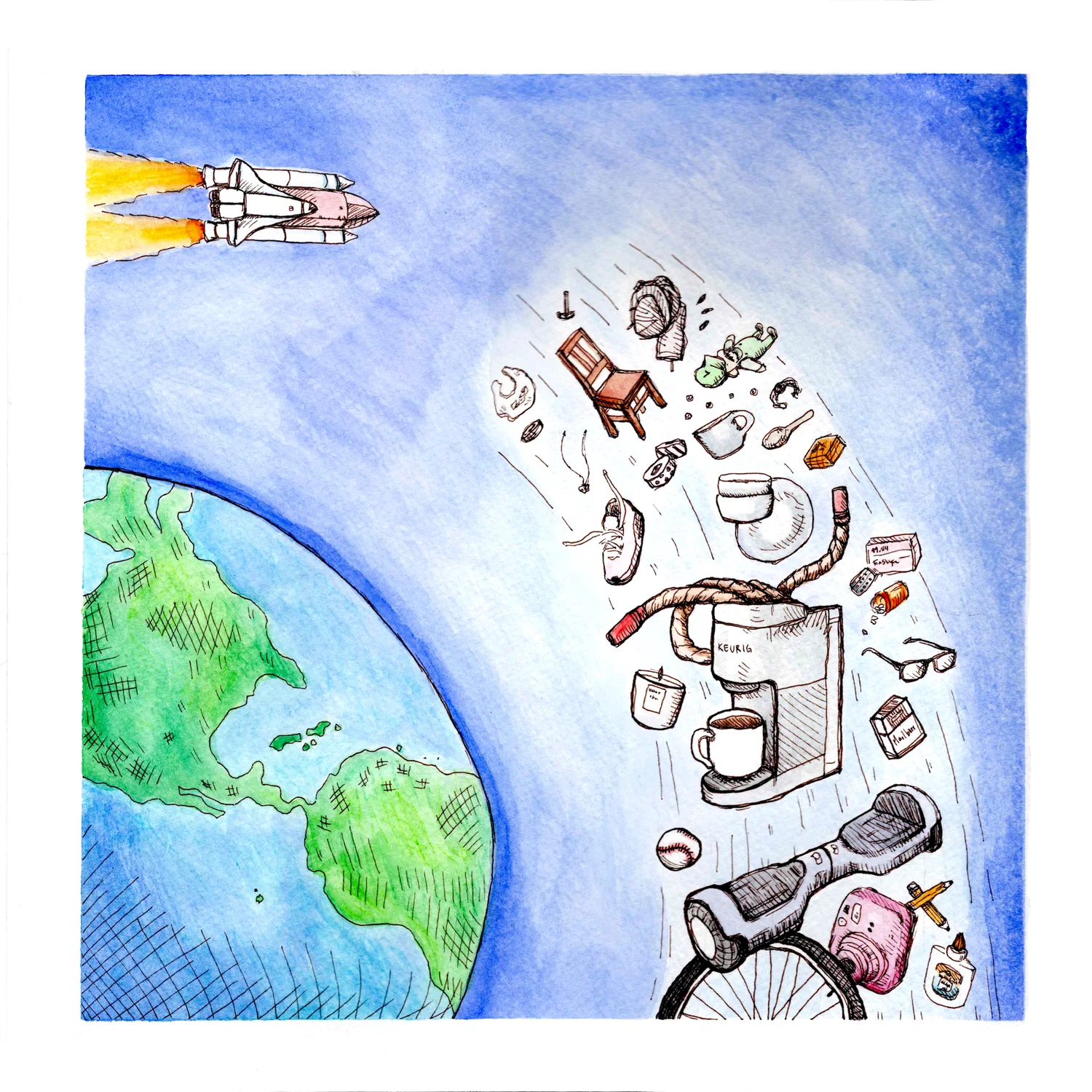 Watercolor and pen illustration of space showing Earth and a bunch of random objects floating.