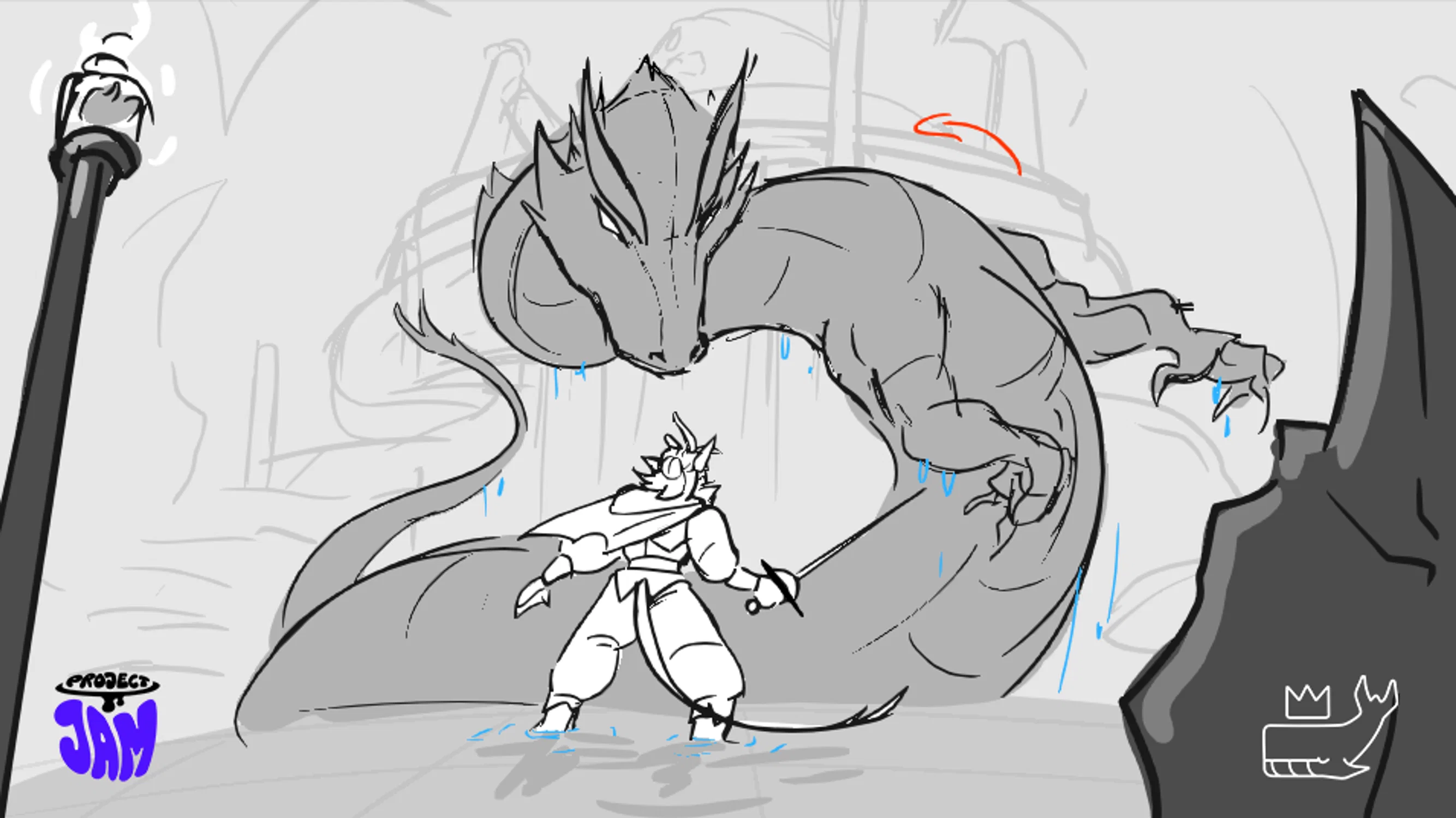 A tiefling-like character stands off in front of a dragon like character, they are both stood in water, the trifling character holds a rapier out, ready to attack.