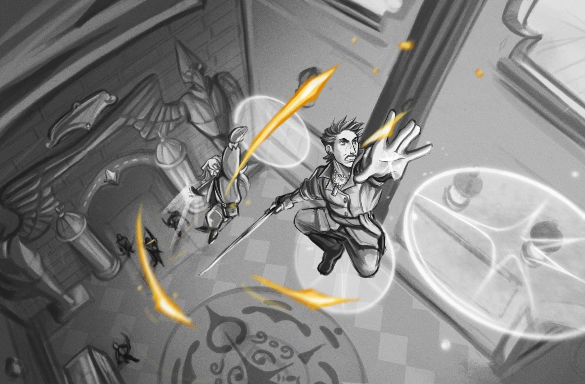 2 people, male and female, from a high angle on magical platforms attempting to escape out of a museum window. They are being shot at by magical arrows from below.
