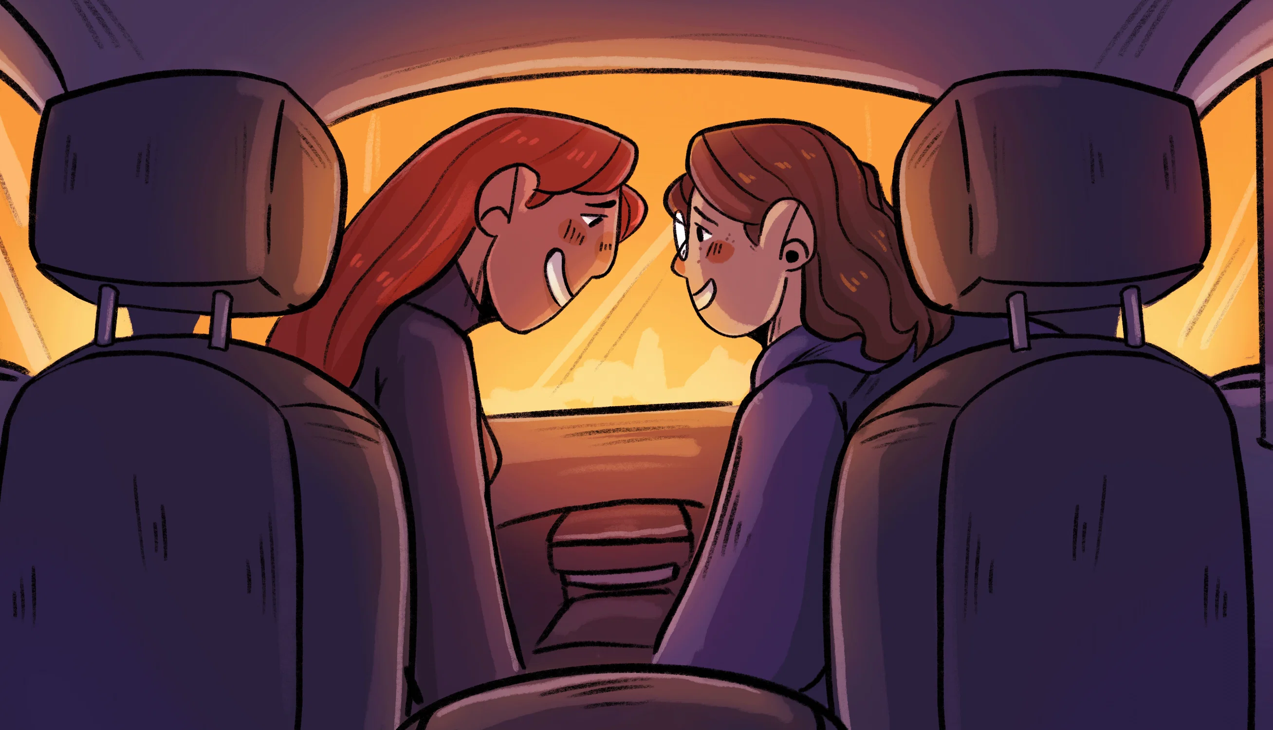 Two people from behind, in the front seats of a car staring at each other as the sun sets in the background.