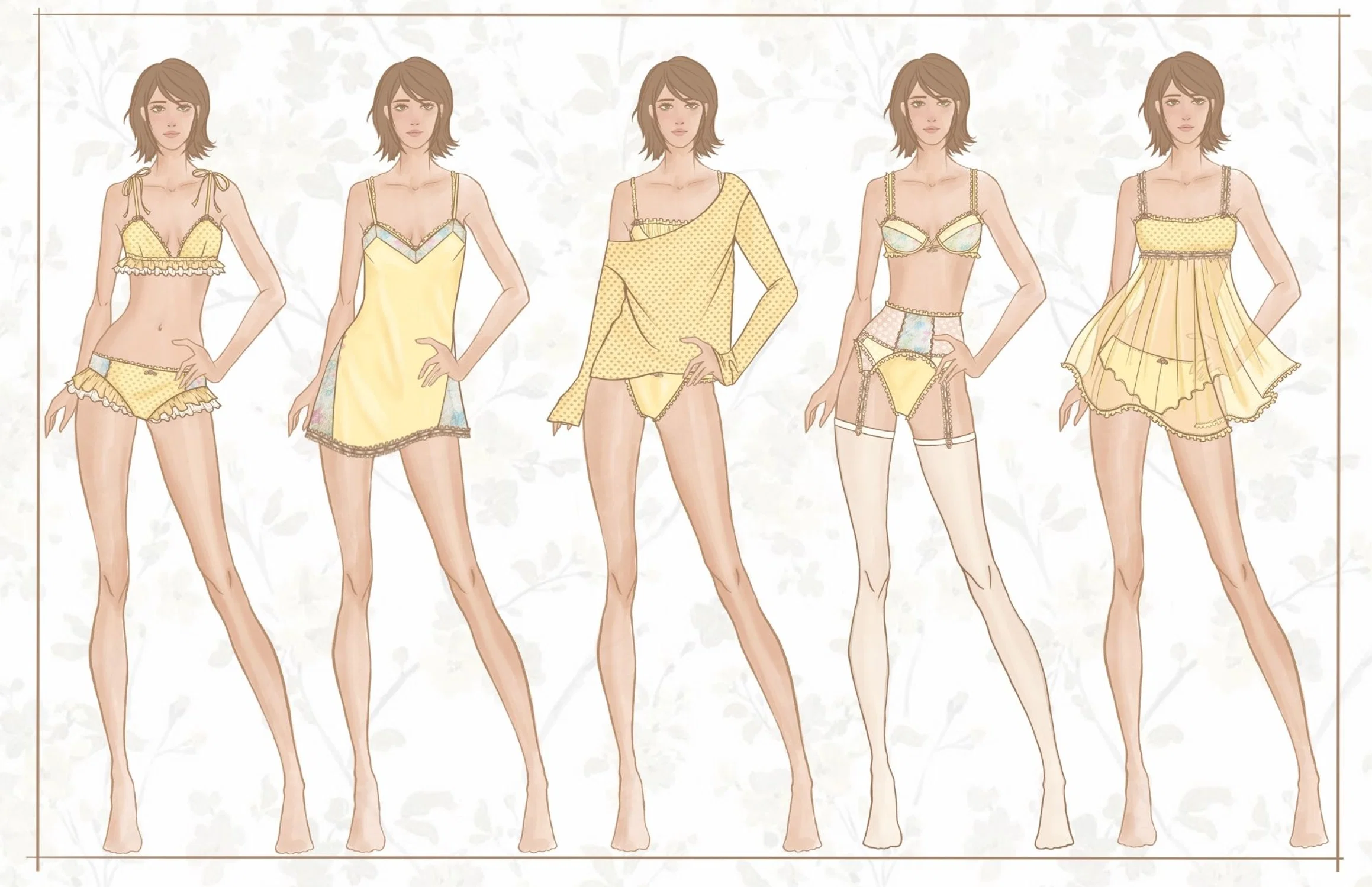 A spring lingerie collection. It features baby yellow color with accents of ruffles, white dotted mesh, floral lace intergation, and rosettes.