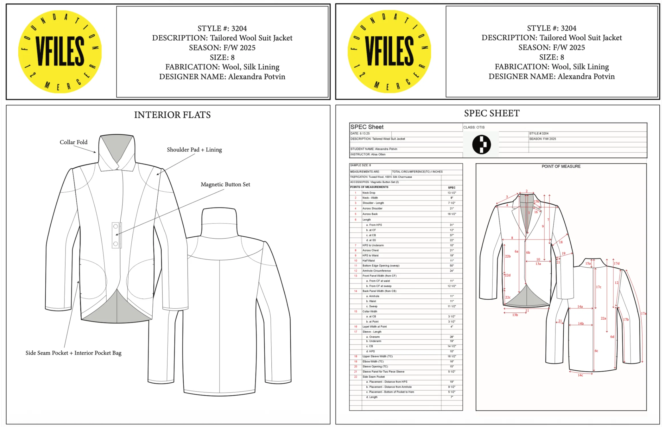 Spec sheet including all relevant garment measurements