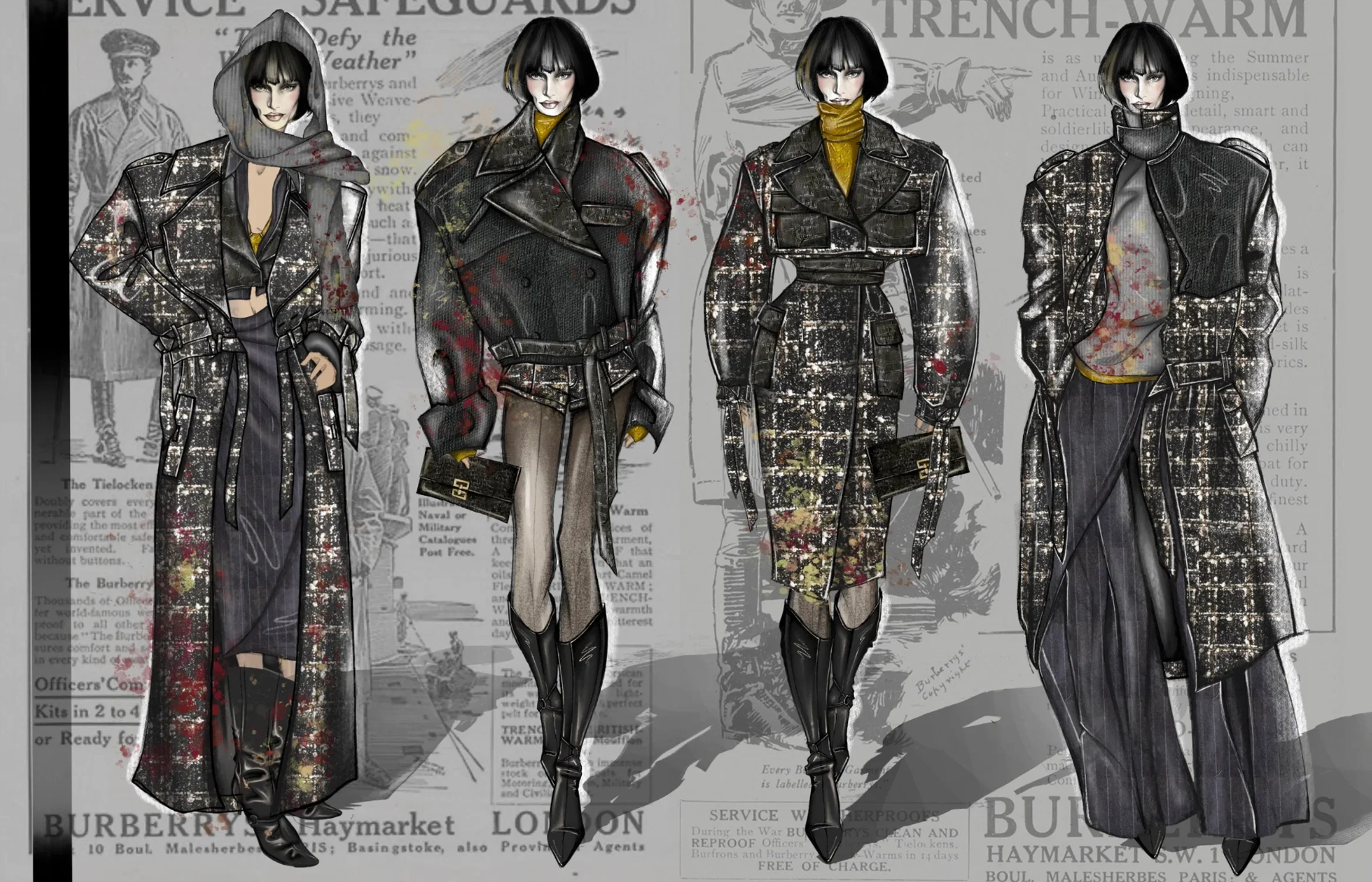 A fashion line up of 4 looks inspired by military trench coats
