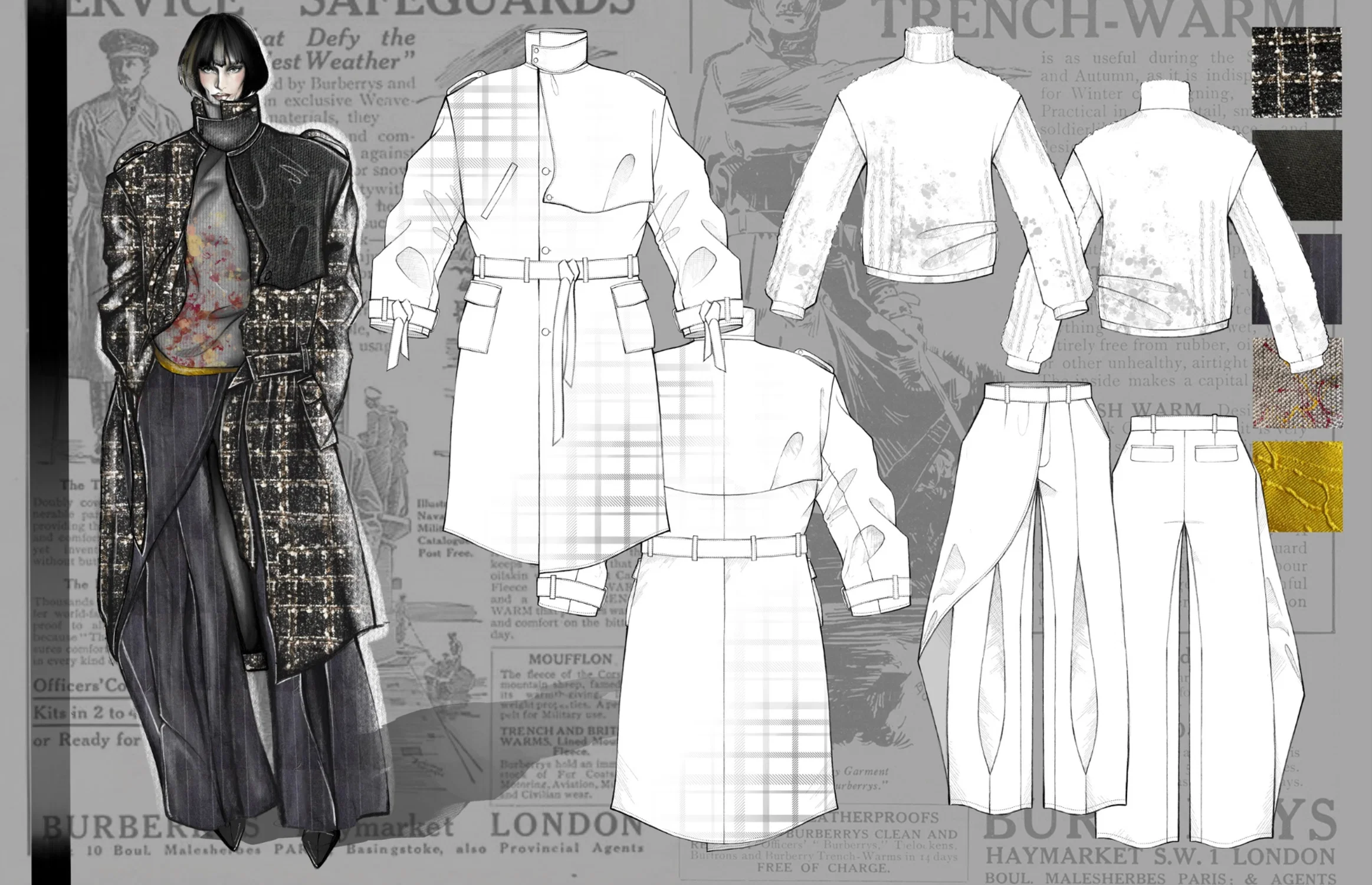 Flat technical drawings of a full look, showing each garment from front and back with clean linework and construction details, including seams, closures, and proportions.