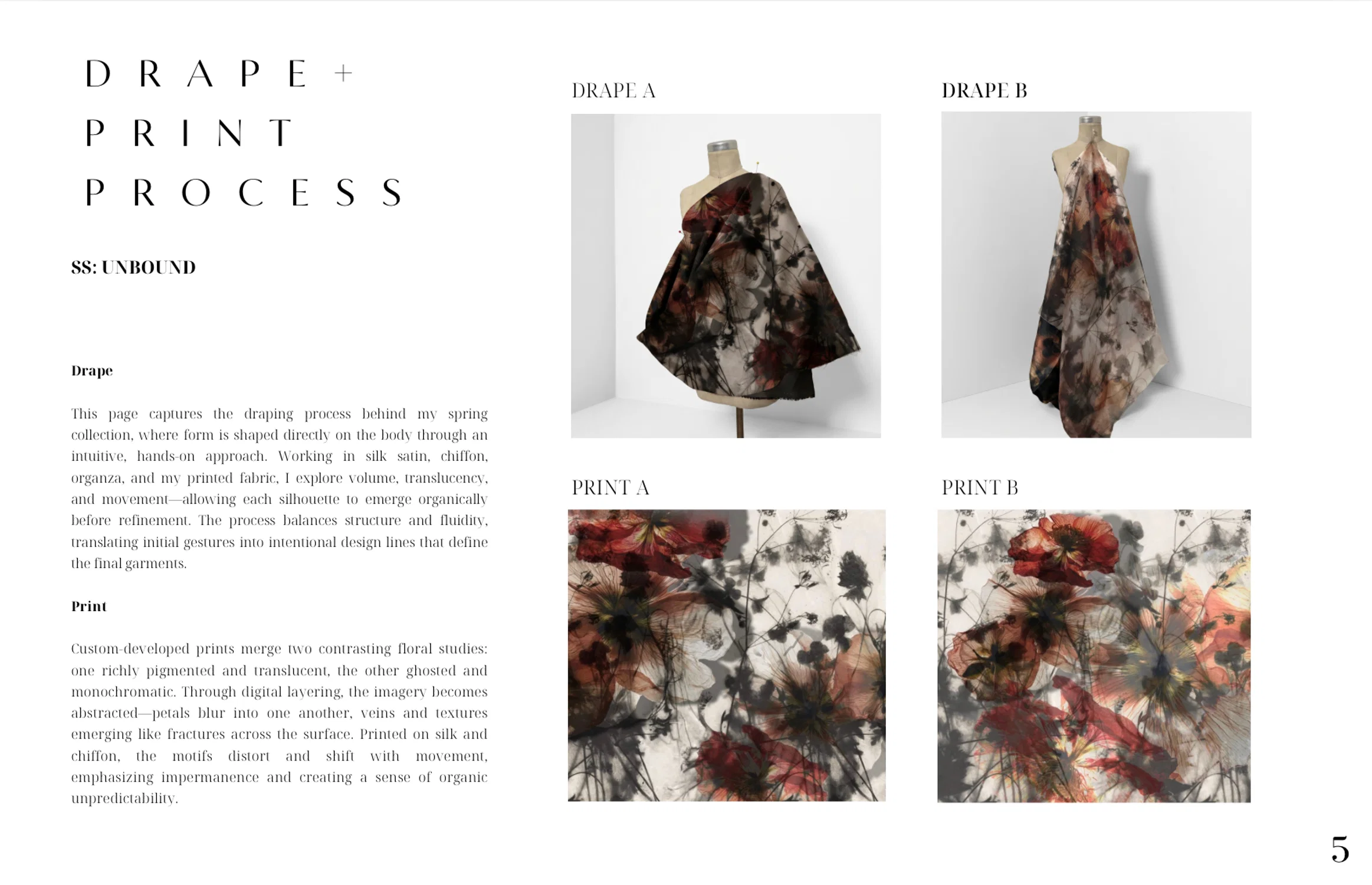 A concept page detailing print creation and the draping process