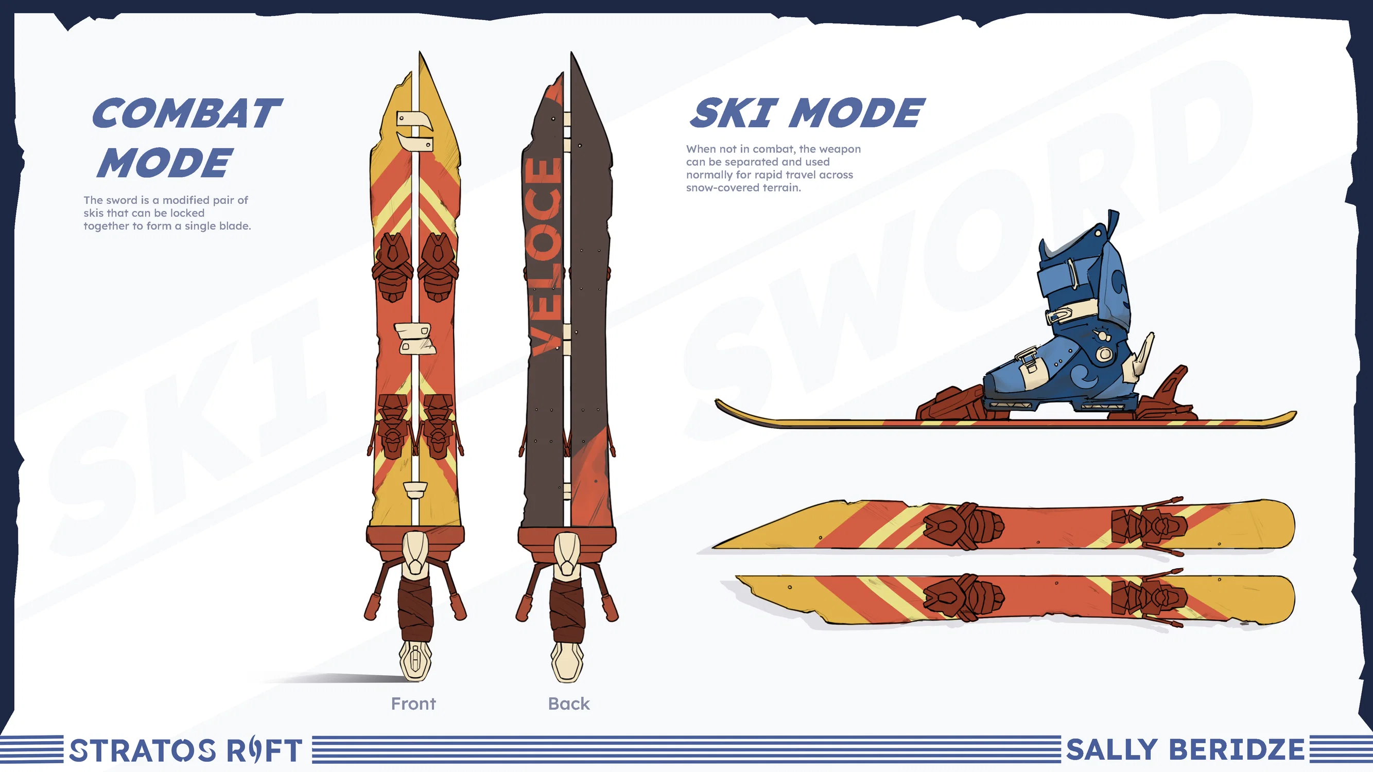 Prop sheet of a sword made from a pair of skis.