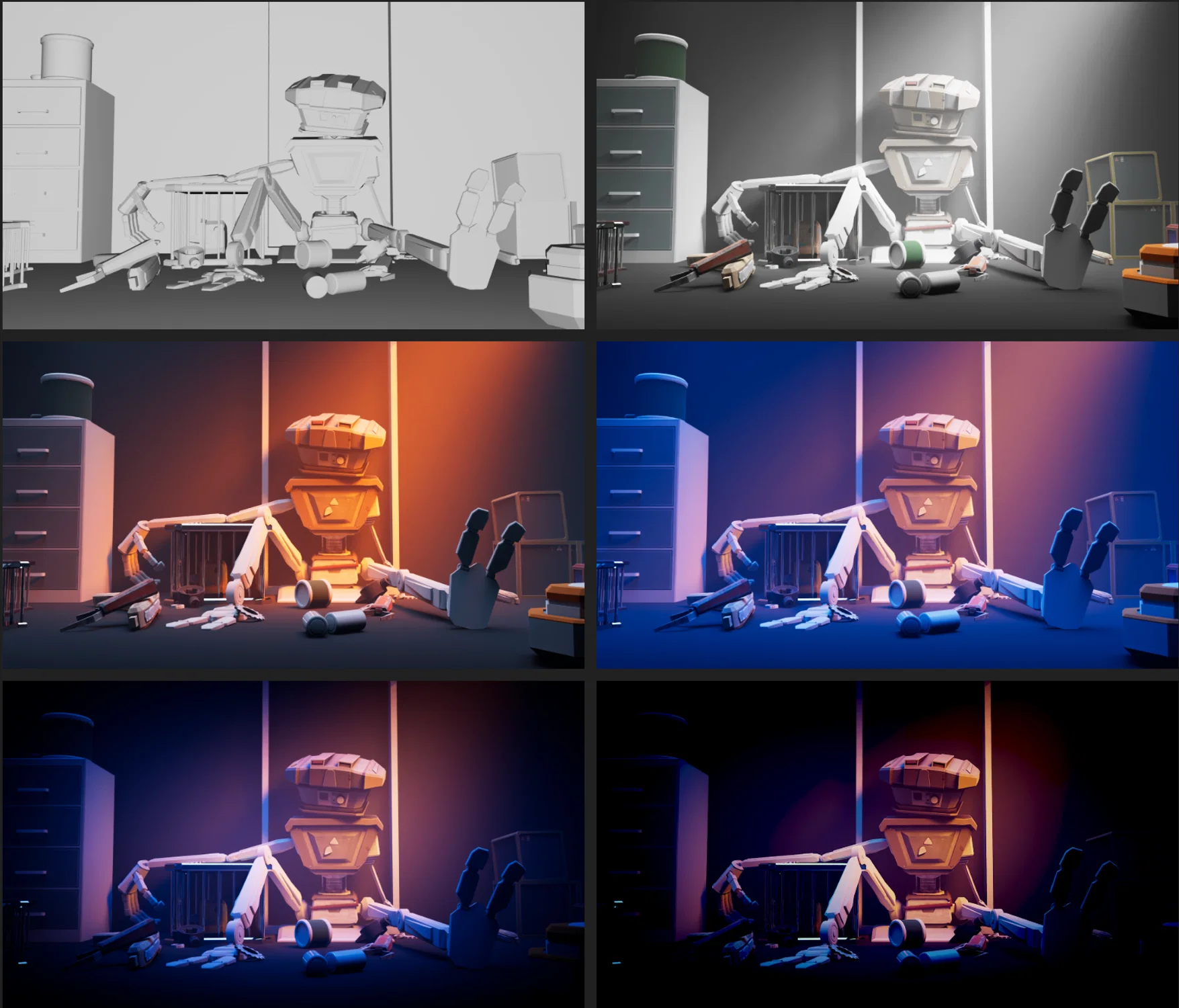 This image presents a lighting study of a robot within a cluttered scene, designed to explore mood and atmospheric tone. A step-by-step process showing how color and illumination impact the overall feel of the environment. The scene was created using Maya and enhanced in After Effects.