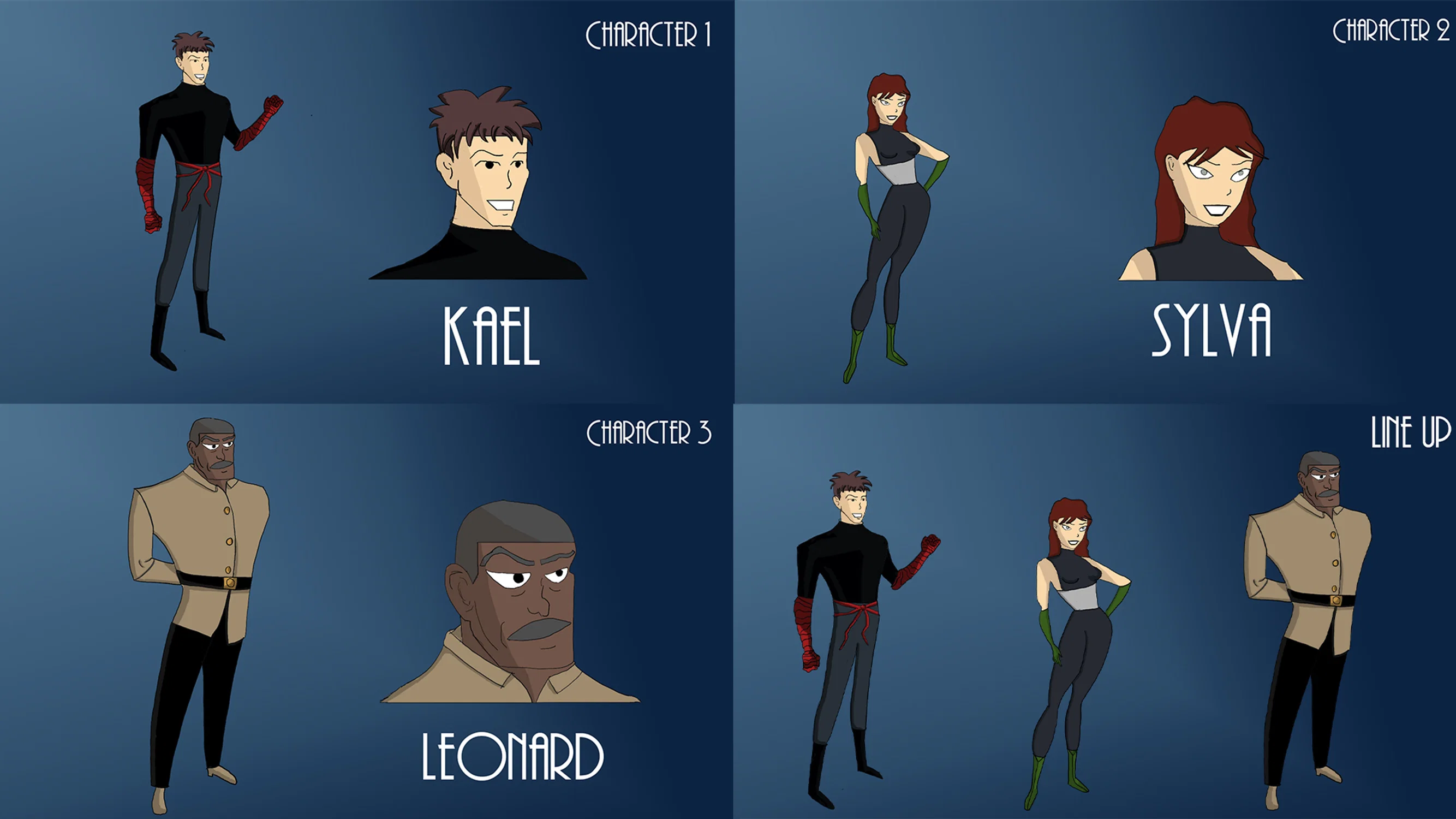 Original Character designs in the art style of Batman the Animated Series. Shows the characters and then a line up of all 3