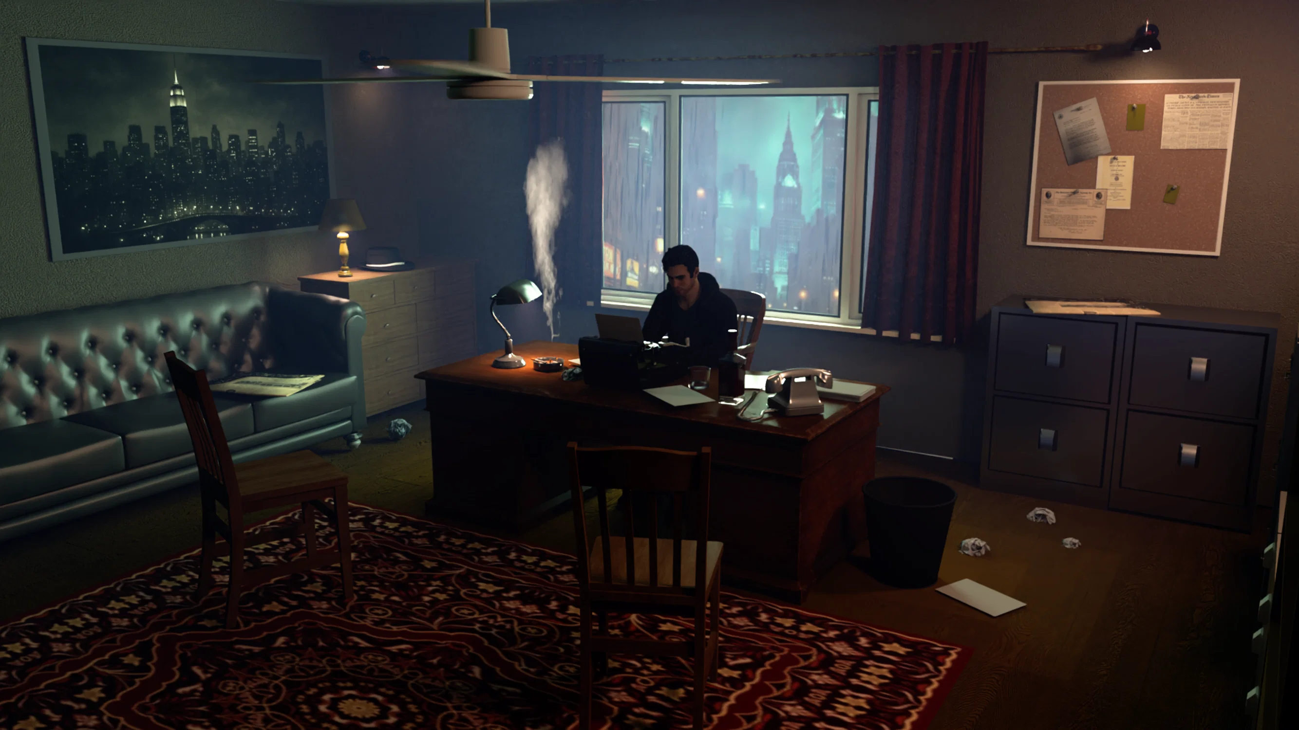 This image is a neo–film noir office scene that emphasizes composition and dramatic lighting. The desk and seated figure serve as the focal point, while warm interior light contrasts with cool city light from the window, creating mood, depth, and a sense of isolation.