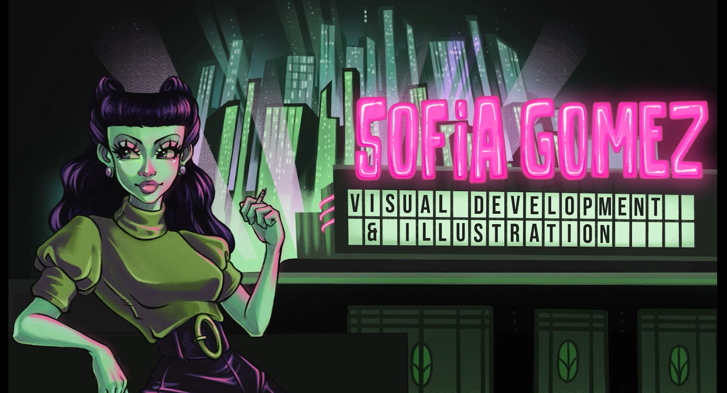 Illustration depicting woman standing alongside the title 'Sofia Gomez, Visual Development and Illustration'.