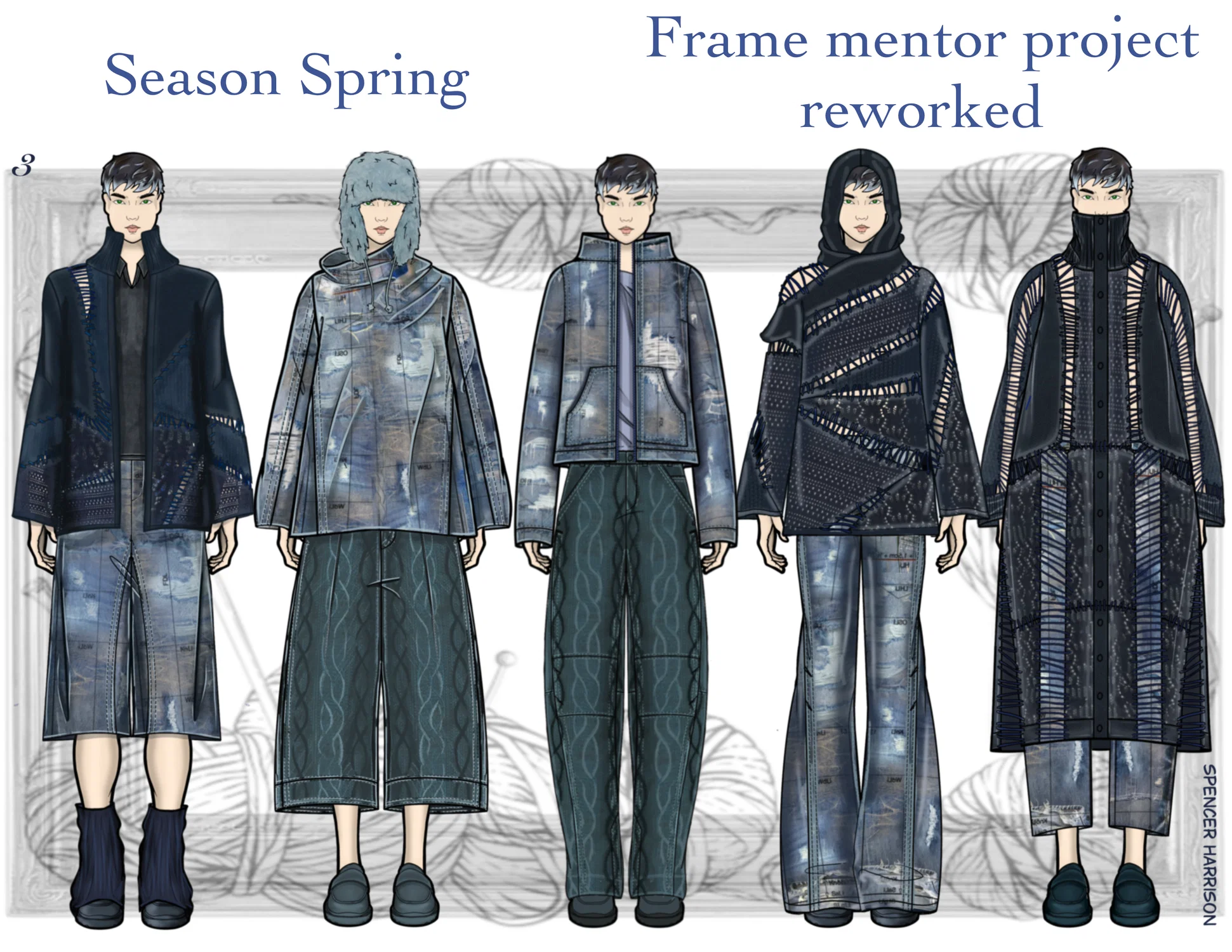 This is a line-up page from my portfolio where I reworked my mentorship project with Frame to be worn on a male figure and paired with a trompe l'oeil denim.