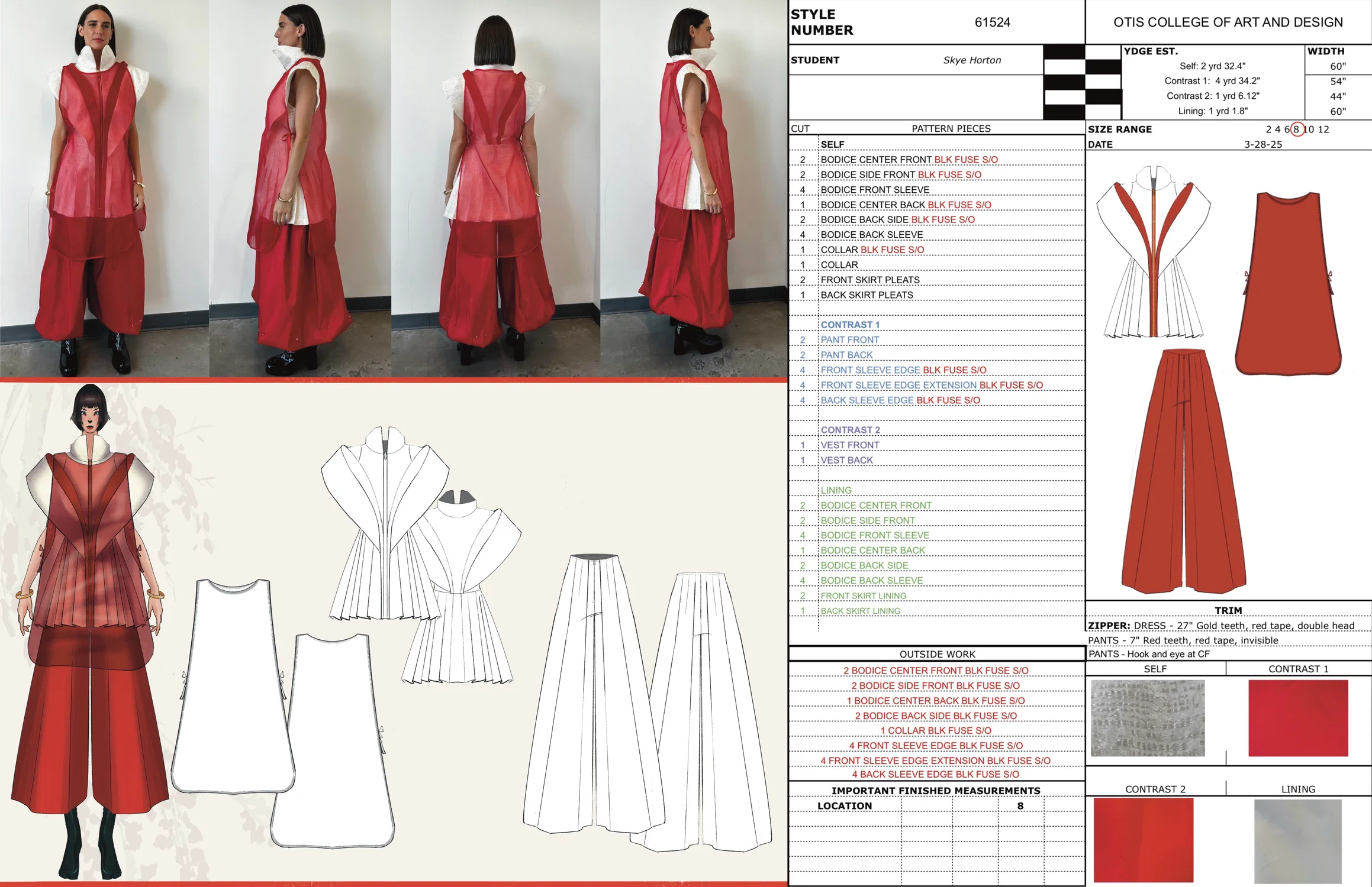 Tech pack, model photos, and illustration layout for the Kitsune inspired runway look. Mentorship project with, Tim McGrath, art director at Activision Blizzard. The prompt is to create an urban fantasy collection based on a traditional creature archetype.  The archetype Skye chose is the Zenko Kitsune, a benevolent yokai (spirit) messenger fox for the god of prosperity, Inari.